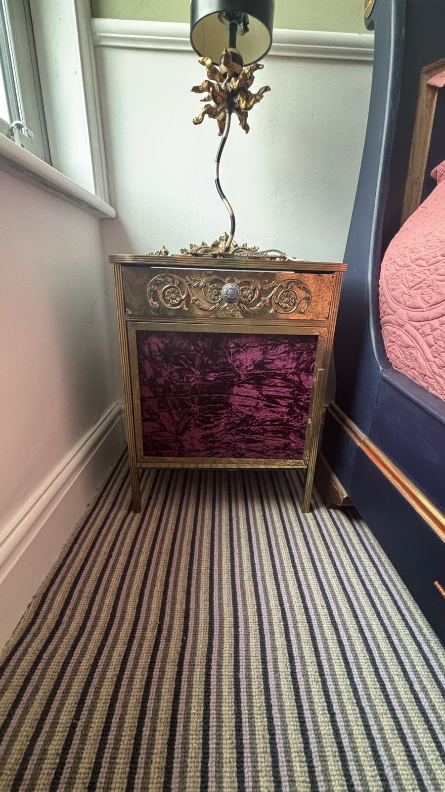 Mid Century Bronze Nightstand With Black Vitrine Glass Top And Velvet Side Panels And Door photo for sale