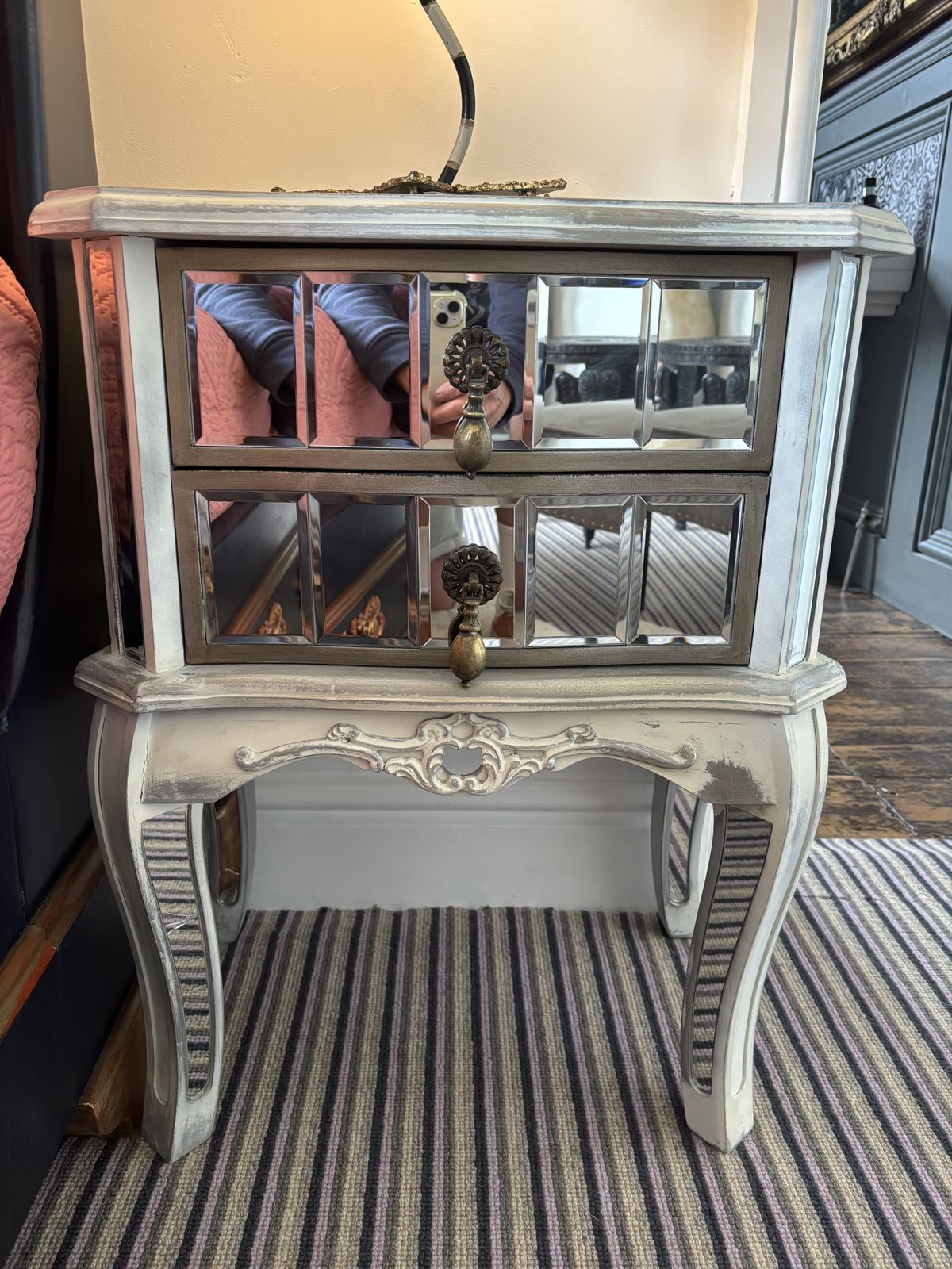 photo for sale French Part Mirrored And Painted Bedside Drawers/Nightstand