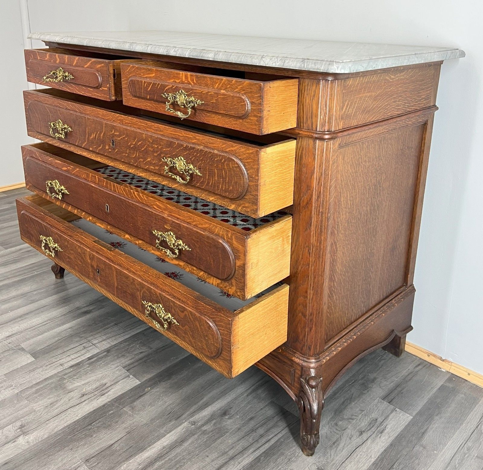 Chest Of Drawers Antique French Style Marble Top Brass Oak Cabinet Lot 4052 photo Furniture