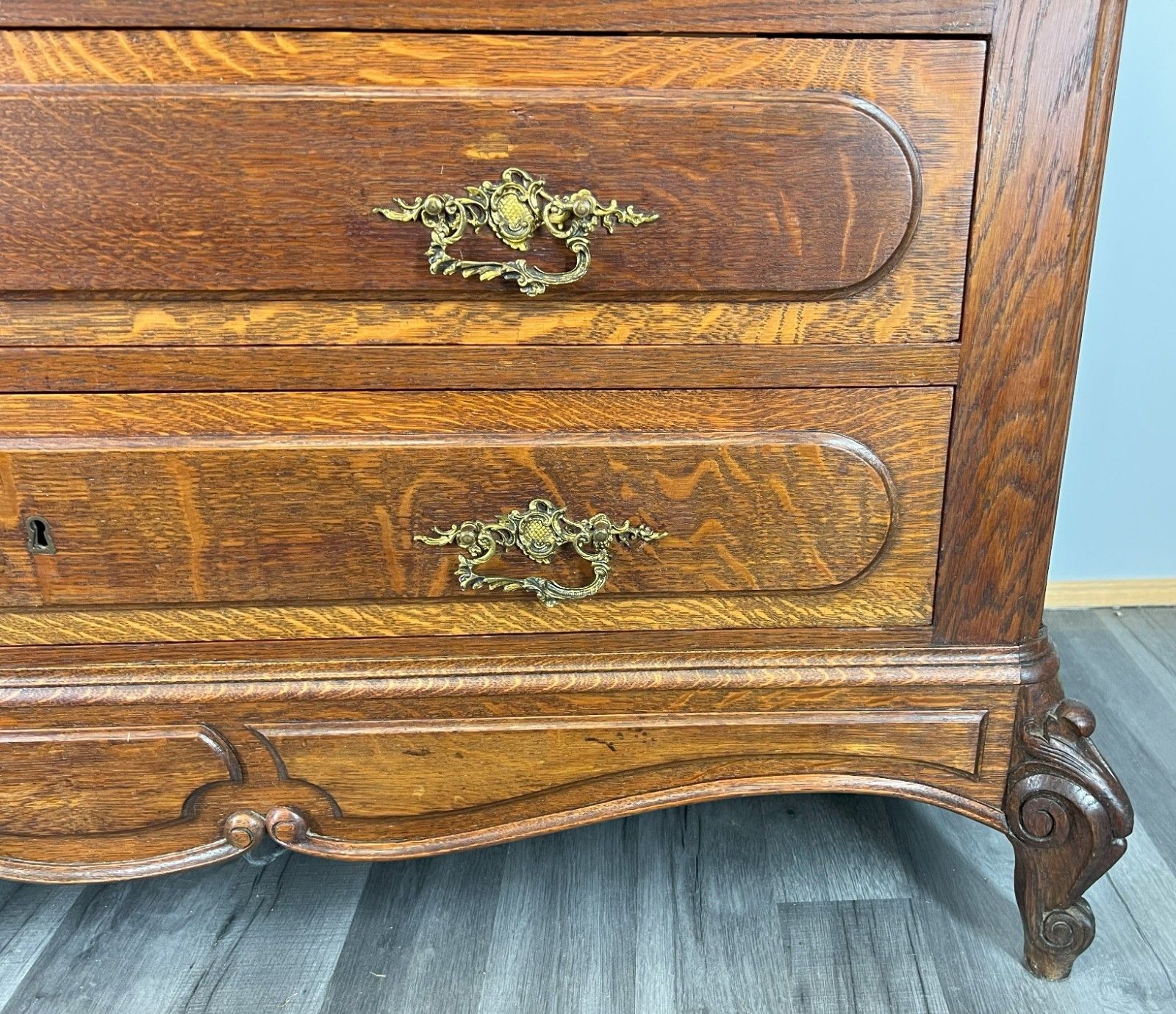 Chest Of Drawers Antique French Style Marble Top Brass Oak Cabinet Lot 4052 photo vinterior