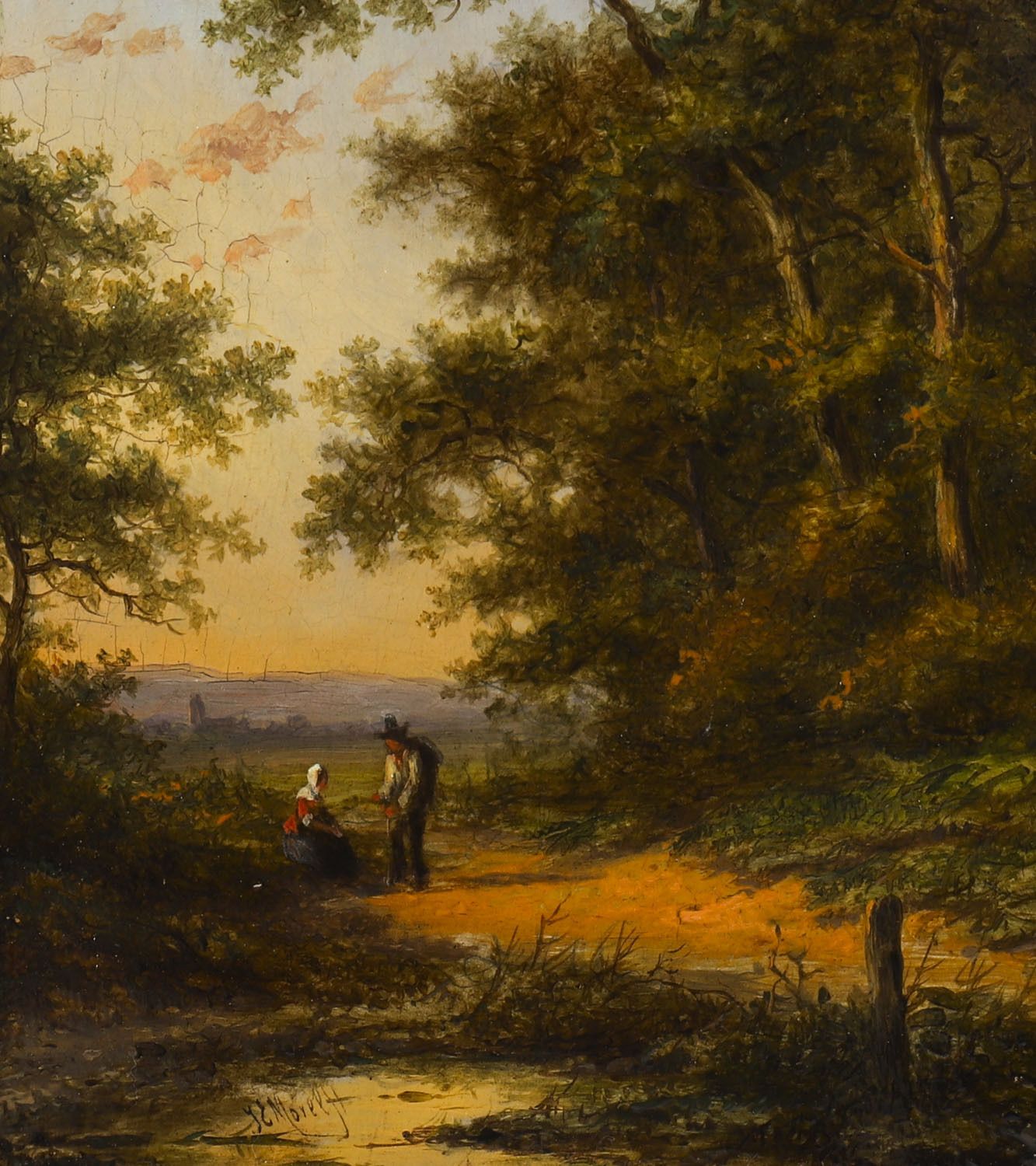 3550.0 Antique Pair Dutch Forest Scene Oil Paintings By Jan Evert Morel  18th Century photo