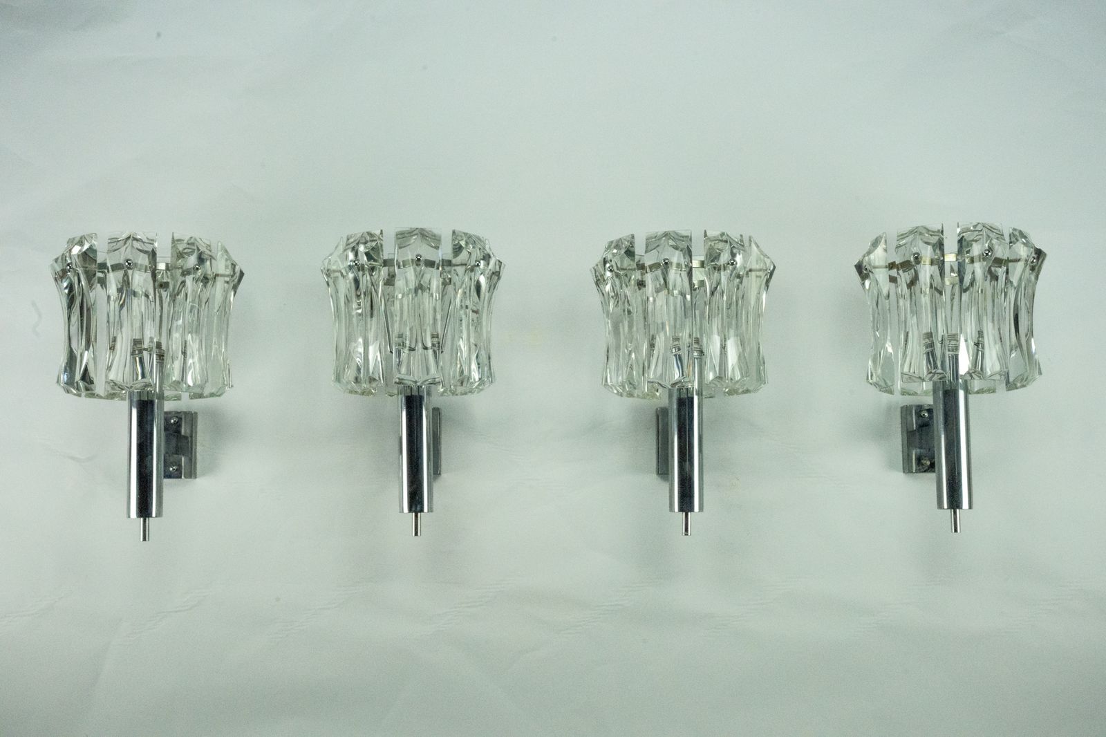 Set Of Four Large Murano Glass Elements And Chromed Brass Sconces, Italy 1960s.