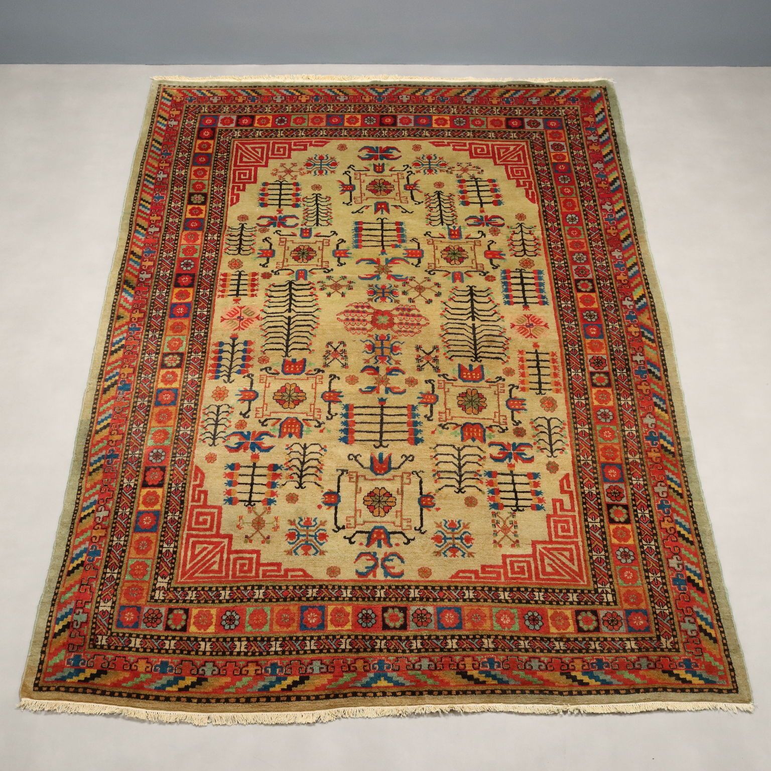 Antique Samarkanda Carpet Cotton Wool Thin Knot Uzbekistan photo for sale