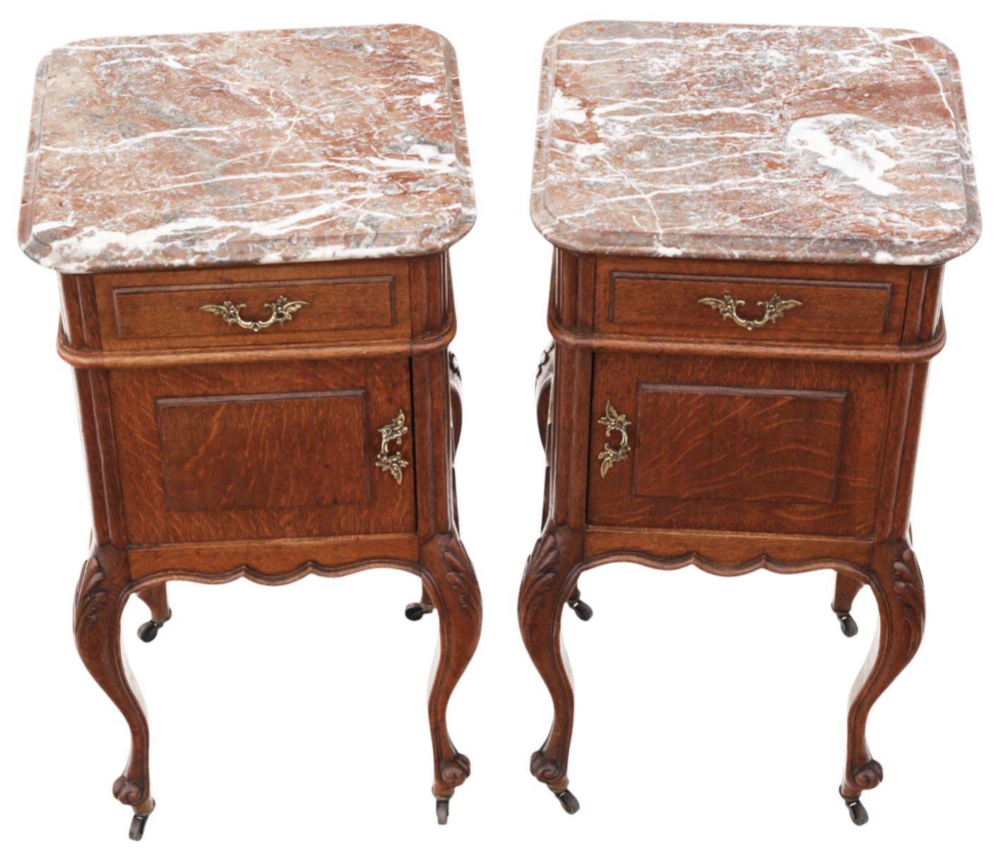 Antique C.1910 Oak Pair Of Marble Top Bedside Tables – Fine Quality Nightstands photo 1995.0