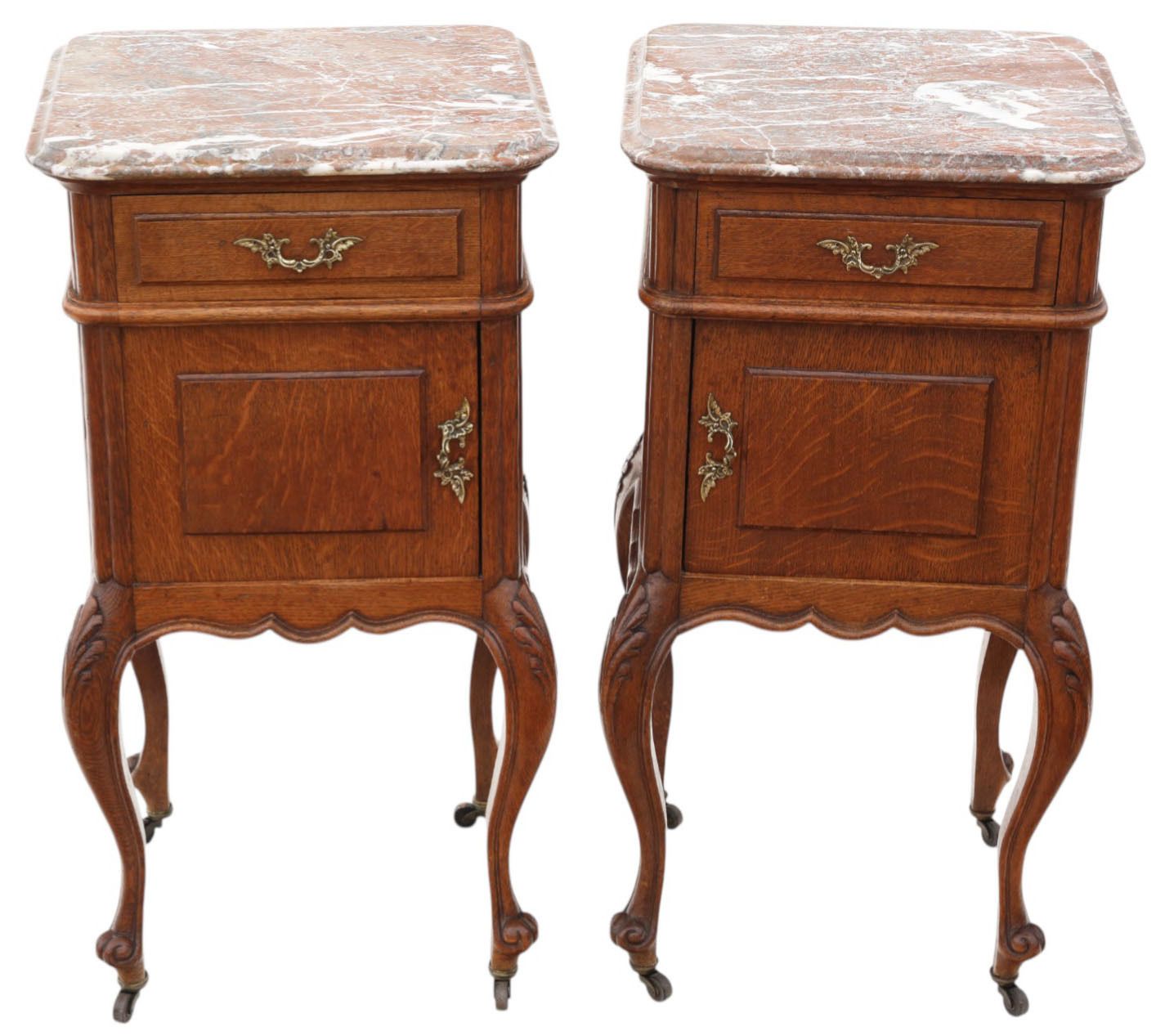 Antique C.1910 Oak Pair Of Marble Top Bedside Tables – Fine Quality Nightstands photo vinterior