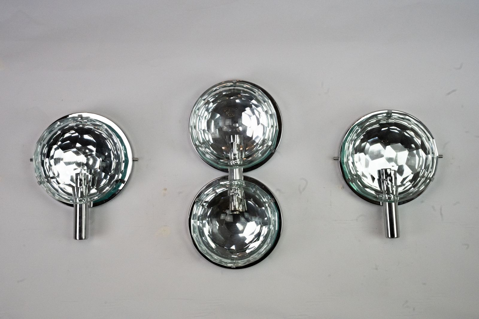 Set Of Three Cristal Art Sconces In Chrome And Cut Glass. Italy 1970s photo furniture