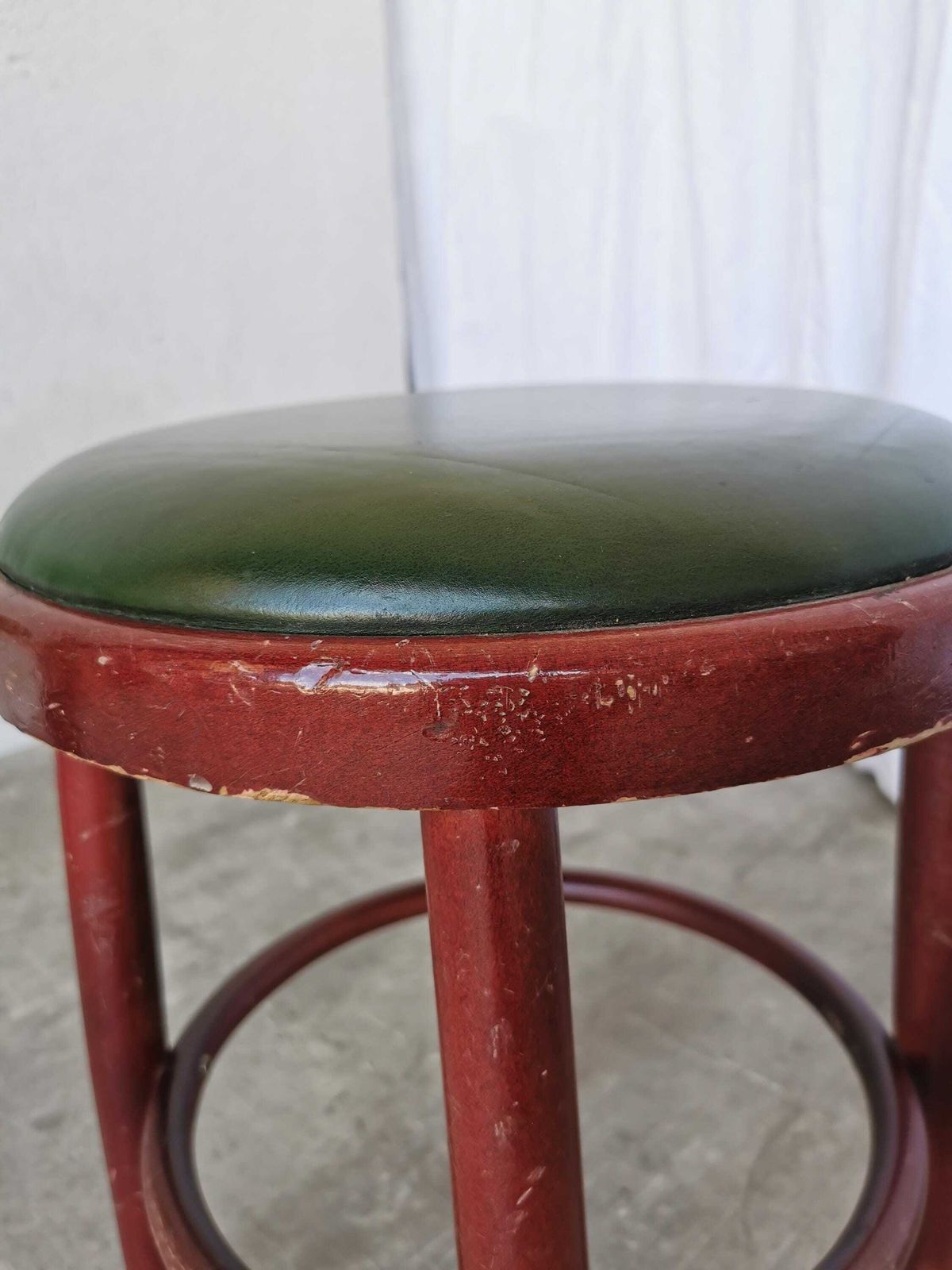 Vintage Wooden Irish Pub Stool With Green Leather Seat / 1970s / Thonet Style Small Bar Chairs With Bentwood Technique photo vinterior