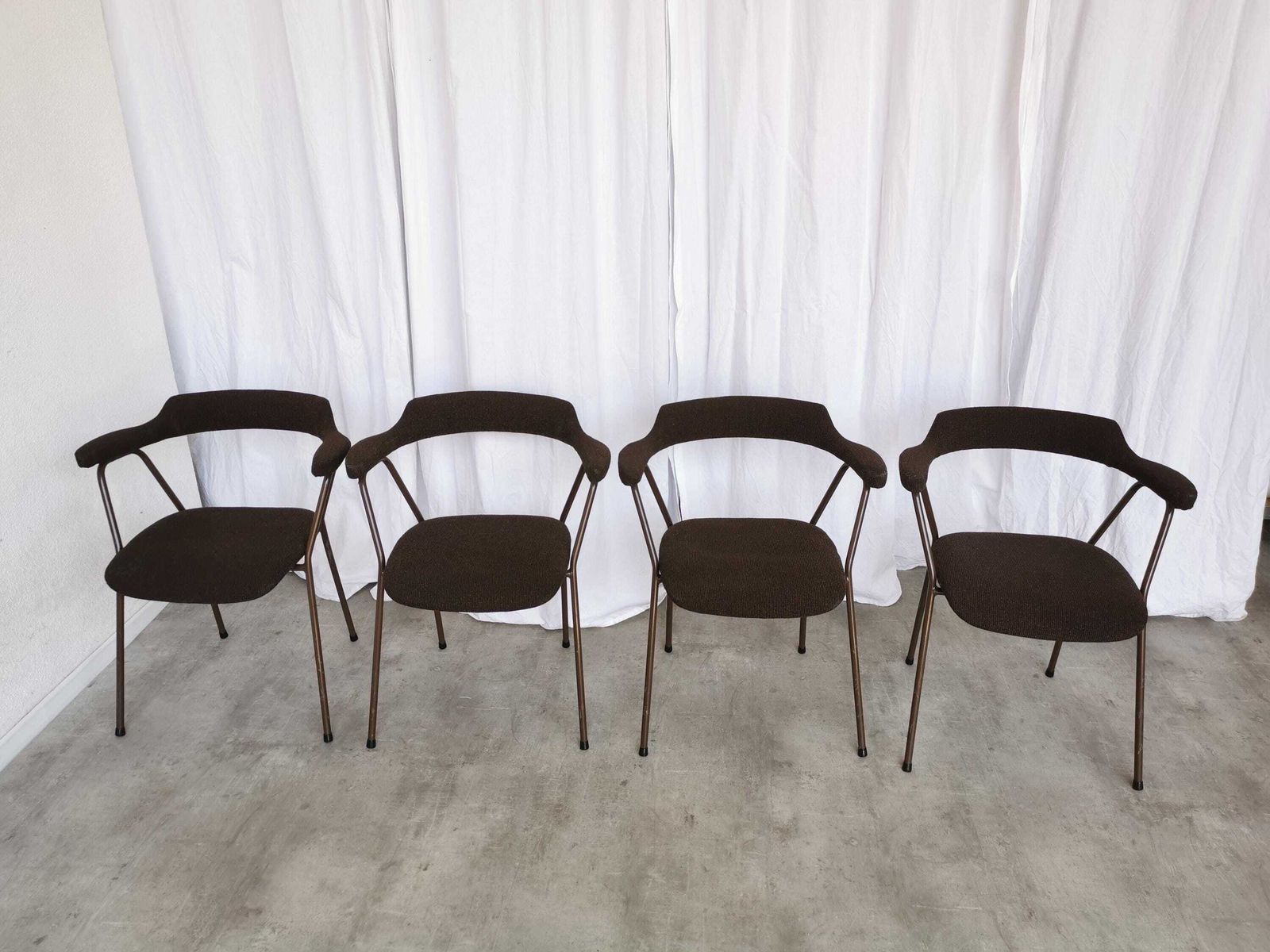 Set Of 4 Vintage Dining Armchairs / 1970s Yugoslavia / Niko Kralj For Stol Kamnik / Mid Century Scandinavian Brown Fabric Dine Chairs / 4455 photo buy