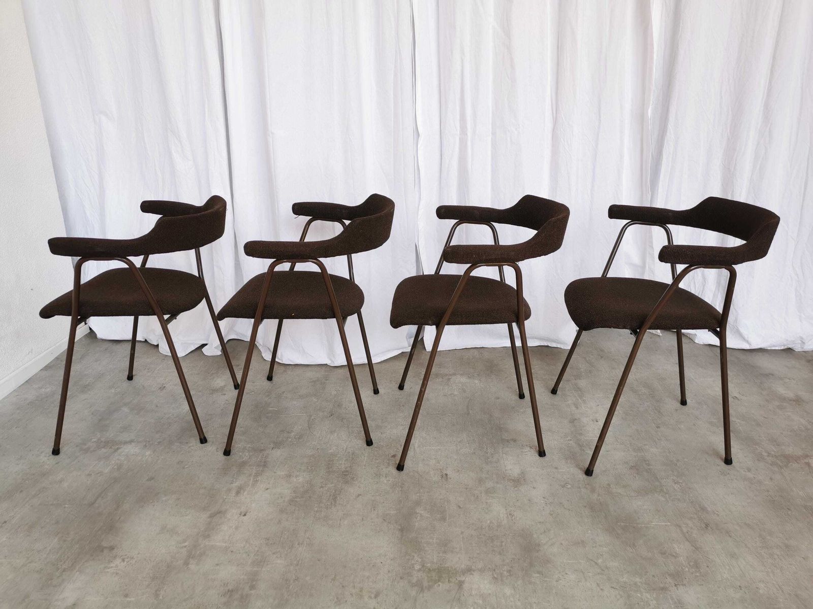 photo for sale Set Of 4 Vintage Dining Armchairs / 1970s Yugoslavia / Niko Kralj For Stol Kamnik / Mid Century Scandinavian Brown Fabric Dine Chairs / 4455