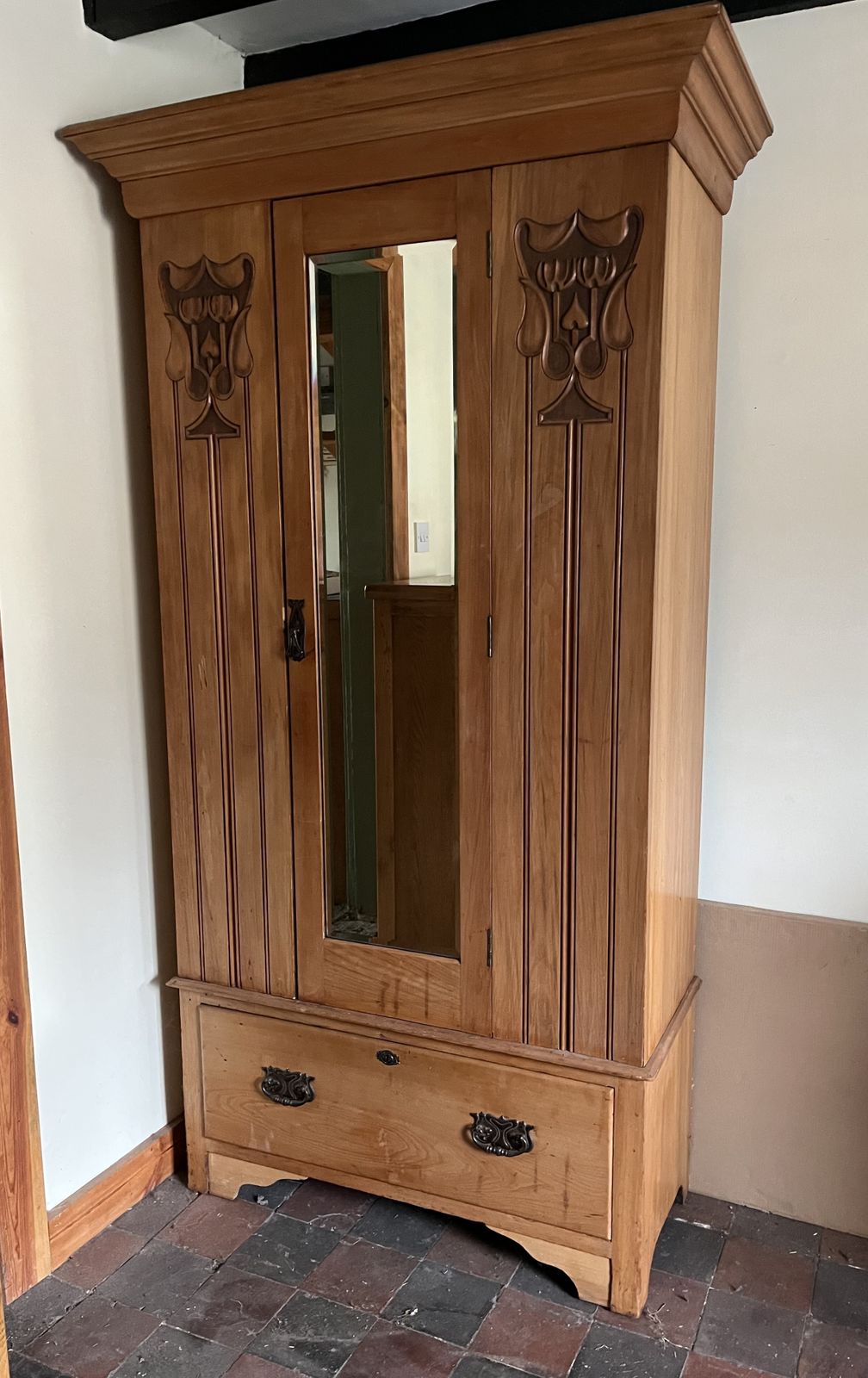 Elegant, Edwardian, Carved Satinwood, Mirrored Wardrobe photo furniture
