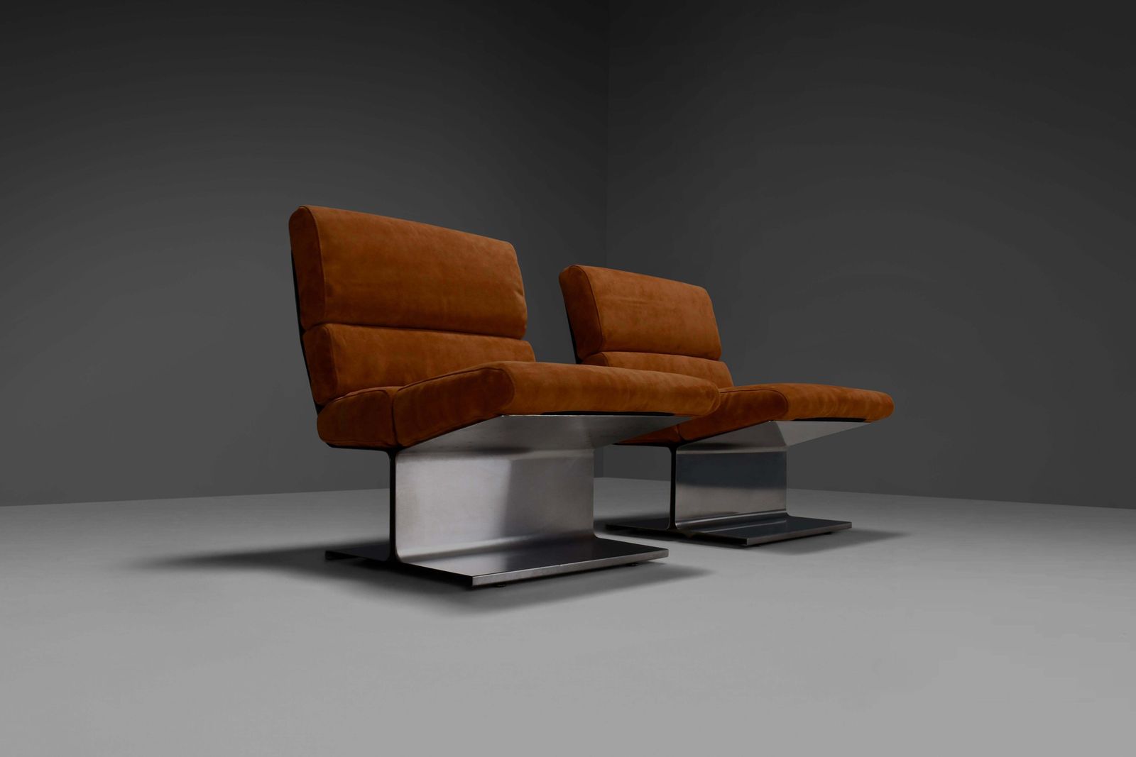 Very Rare Pair Of Leather And Steel Lounge Chairs By Paul Geoffroy For Uginox photo for sale