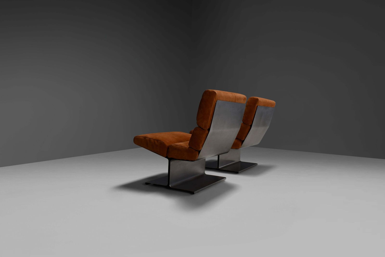 Very Rare Pair Of Leather And Steel Lounge Chairs By Paul Geoffroy For Uginox photo vinterior