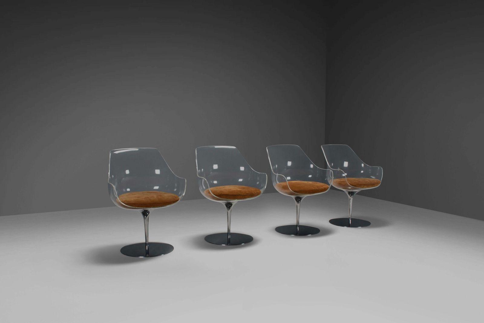 Set Of Four Champagne Chairs By Estelle & Erwine Laverne In Suede And Lucite photo for sale