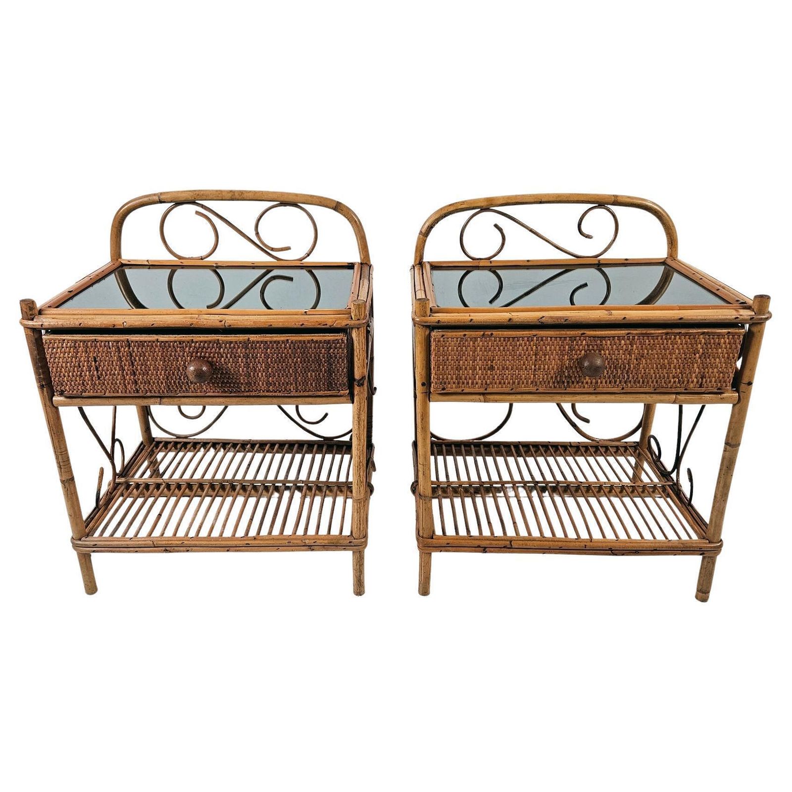 Pair Of Vintage Nightstands In Bamboo