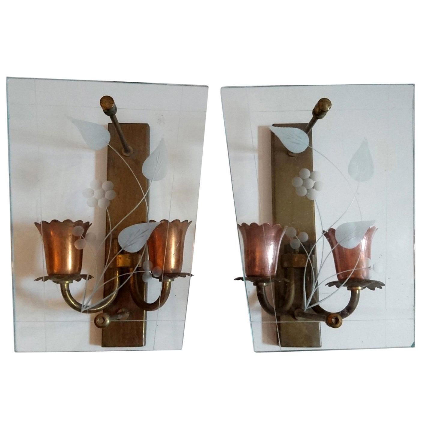 Pair Of Midcentury Glass And Copper Wall Sconces, Made In Italy