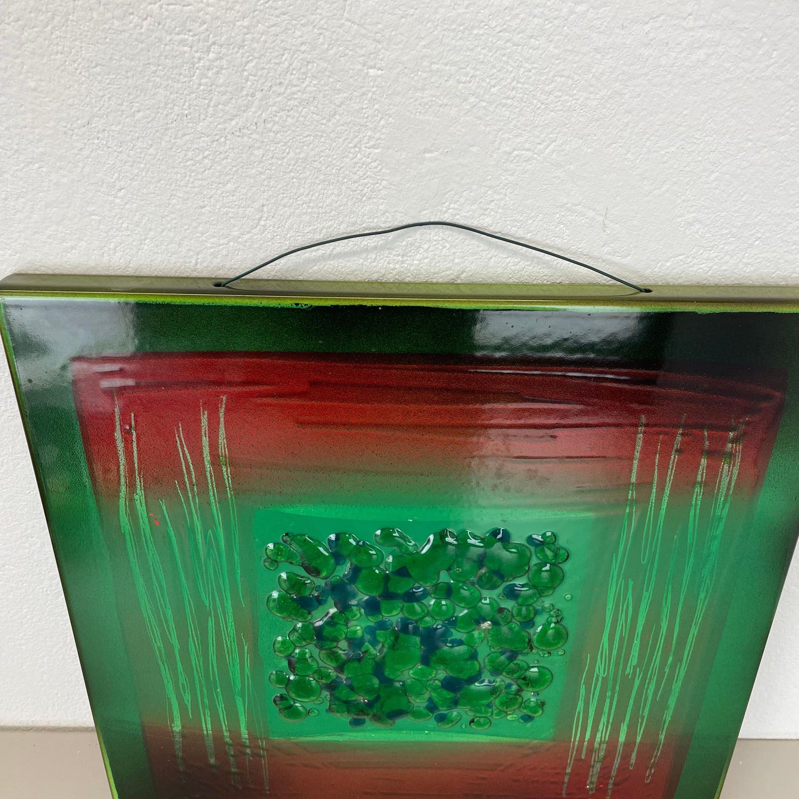 Unique Handmade Large 40x40cm West German Enamel Metal Wall Plate "Green", 1980s photo Art