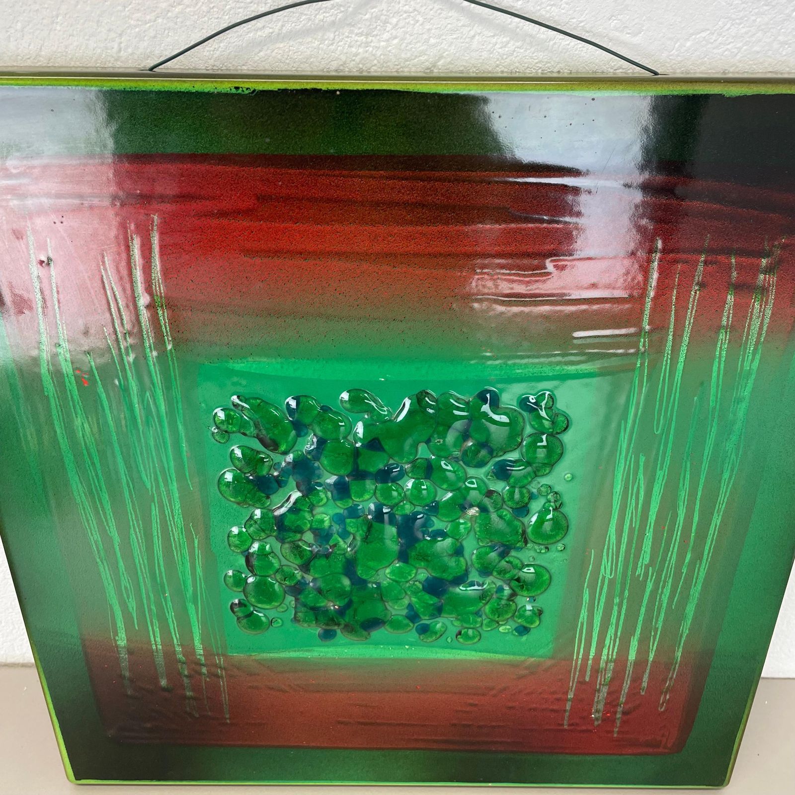 Unique Handmade Large 40x40cm West German Enamel Metal Wall Plate "Green", 1980s photo 607.0