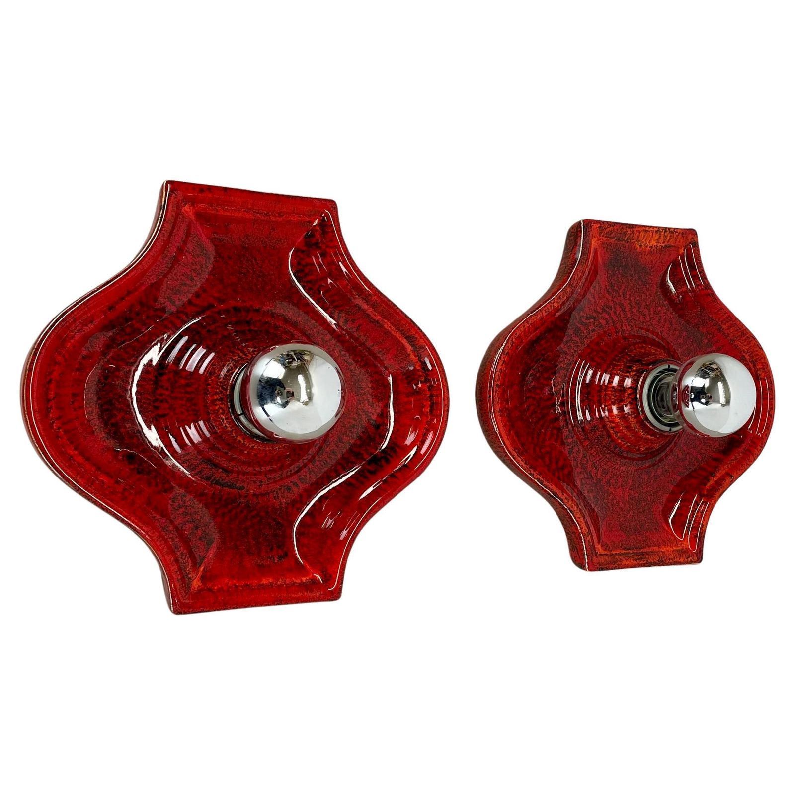 Set Of Two Red Ceramic Fat Lava Wall Lights By Hustadt Lights Germany 1970s