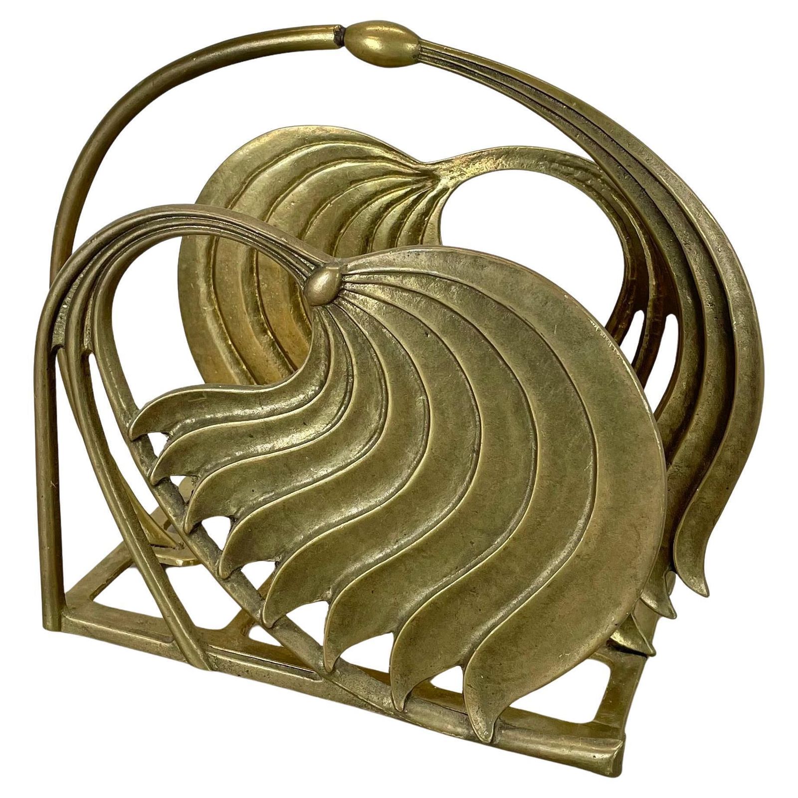 Hollywood Regency 4.8kg Brutalist Solid Brass Magazine Holder Stand, Italy 1970s