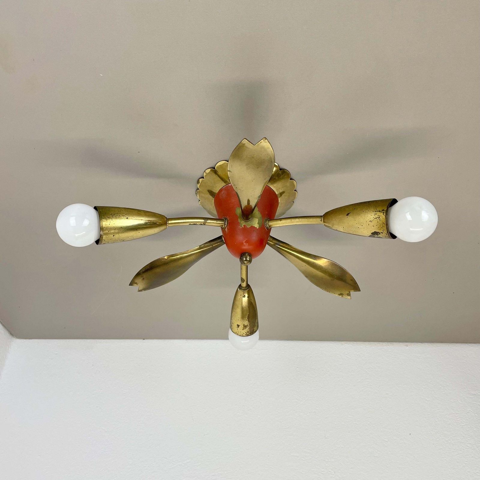 Unique 35cm Solid Brass Gino Sarfatti Style Ceiling Light Flushmount, Italy 1950 photo furniture