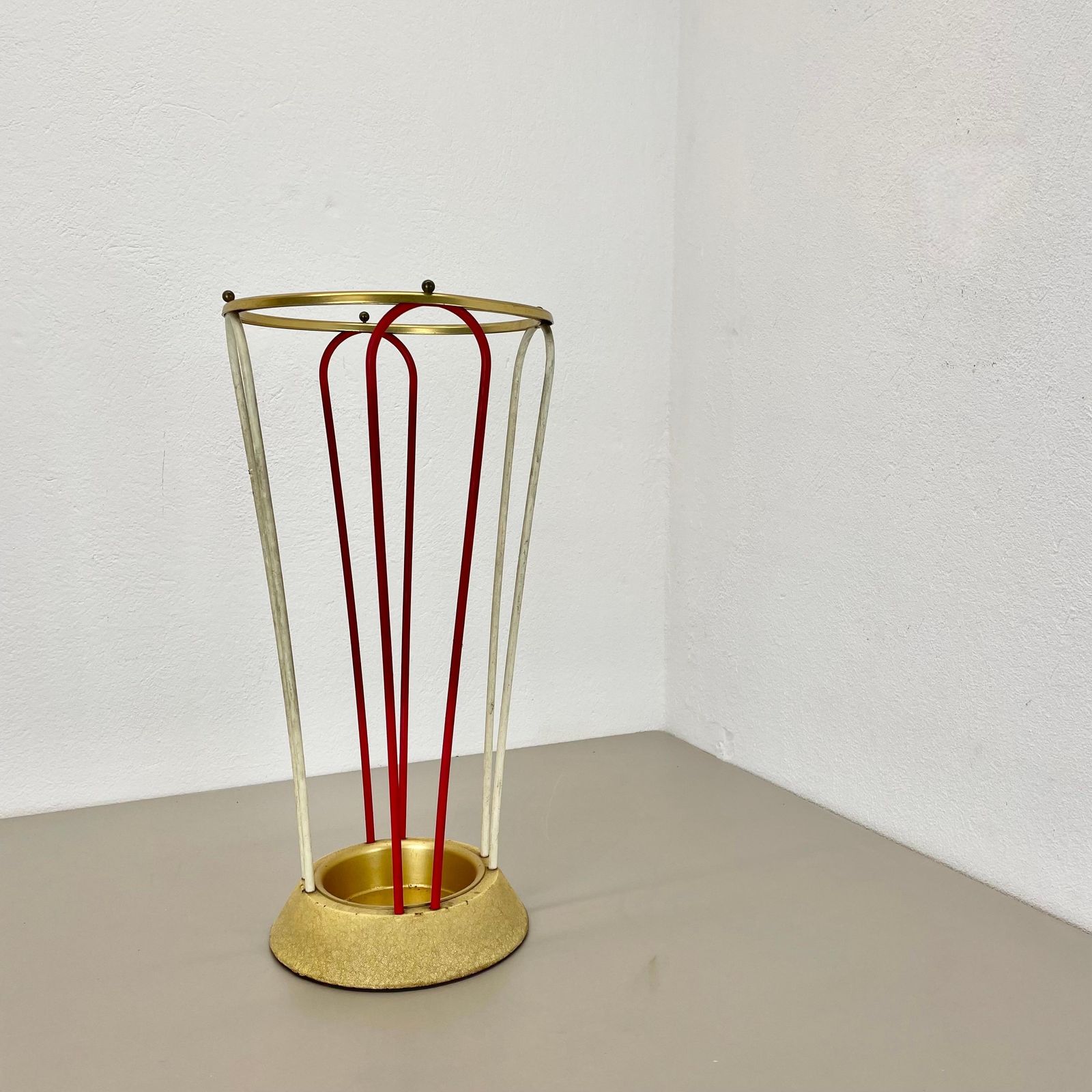 Original Looped Metal Brass Modernist Bauhaus Umbrella Stand Germany, 1950s photo furniture