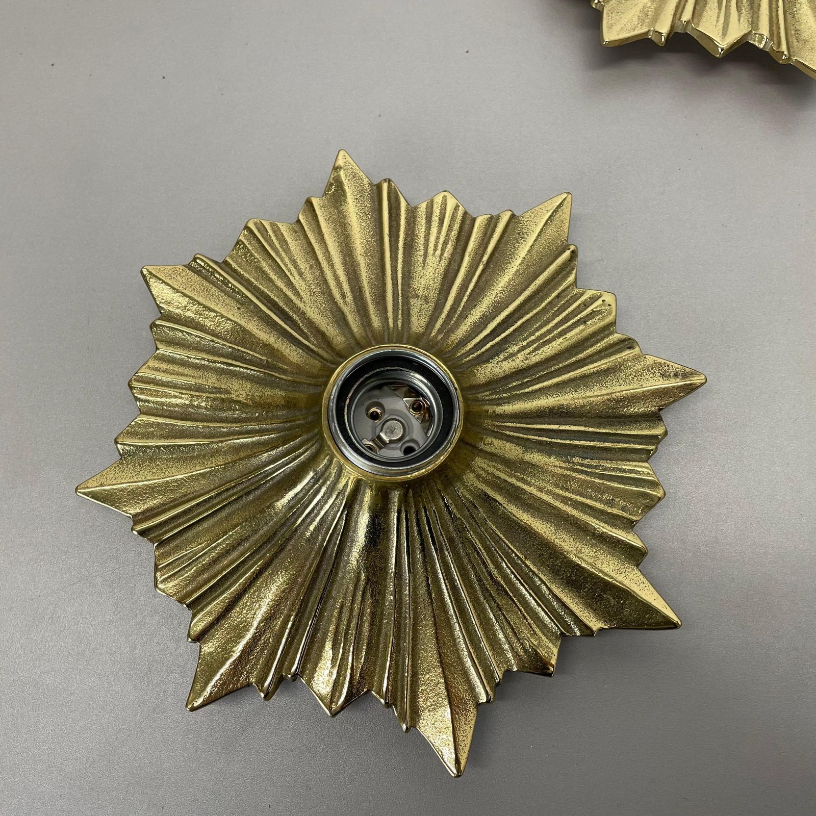 Set Of Three Brutalist Bronze Sunburst Wall Ceiling Light Sconces, Italy 1950s photo buy