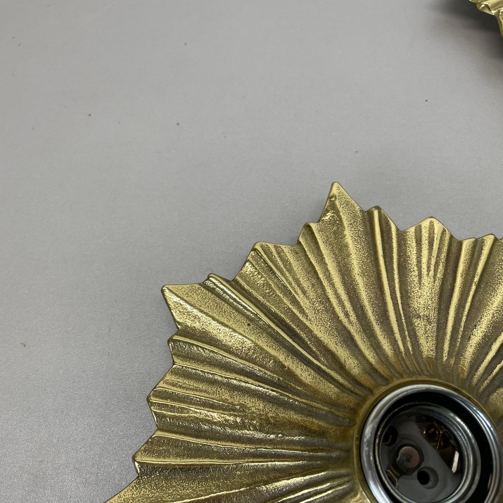 photo furniture Set Of Three Brutalist Bronze Sunburst Wall Ceiling Light Sconces, Italy 1950s