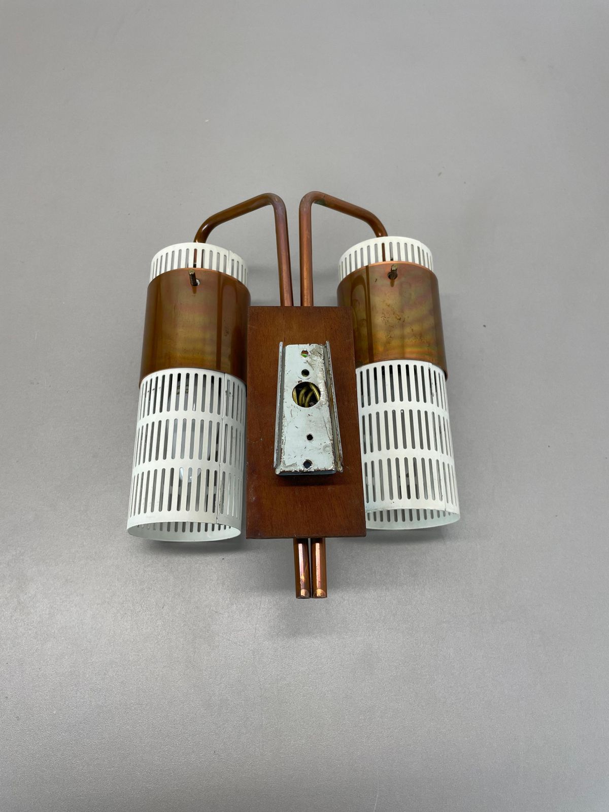 Minimalist Copper And Teak Tube Hole Pattern Wall Light, Denmark, 1970s photo for sale