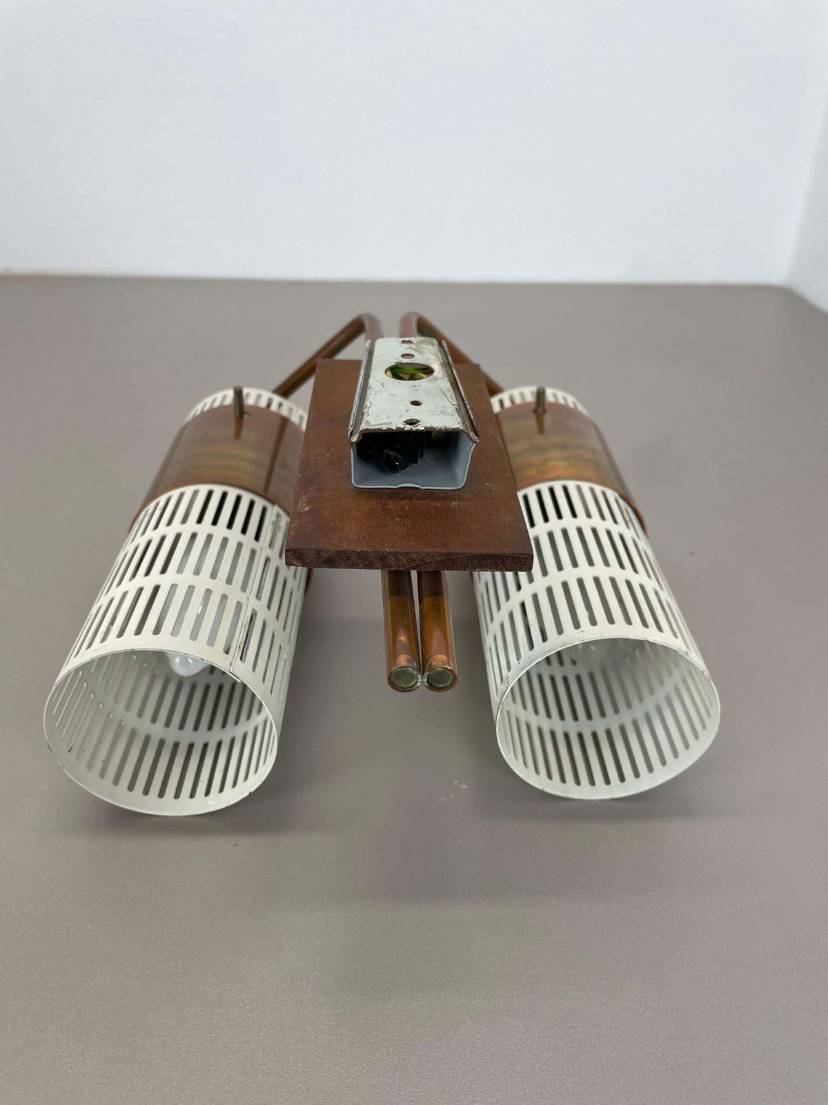 Minimalist Copper And Teak Tube Hole Pattern Wall Light, Denmark, 1970s photo Lighting