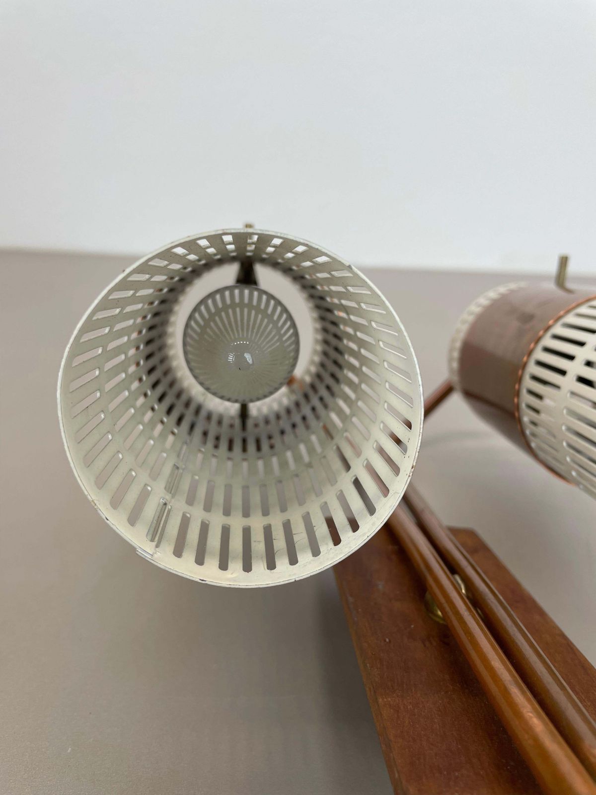 photo furniture Minimalist Copper And Teak Tube Hole Pattern Wall Light, Denmark, 1970s