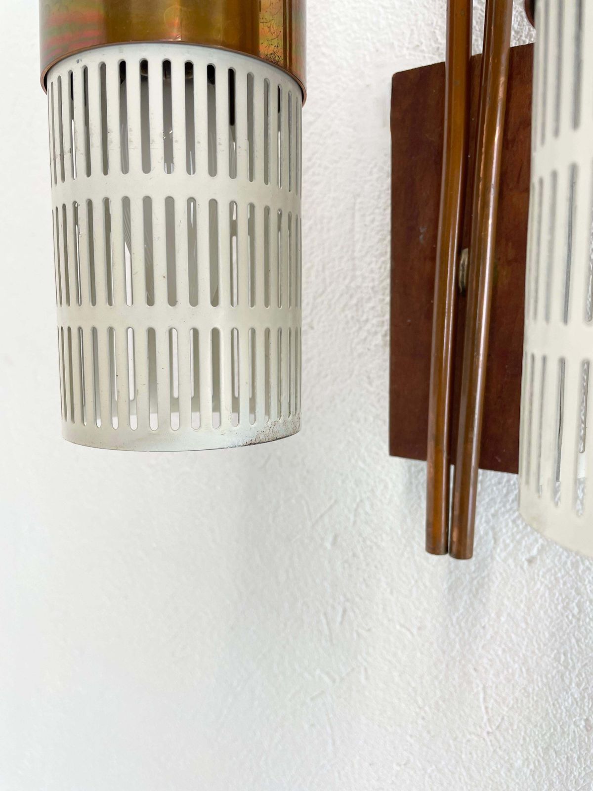 photo vintage Minimalist Copper And Teak Tube Hole Pattern Wall Light, Denmark, 1970s