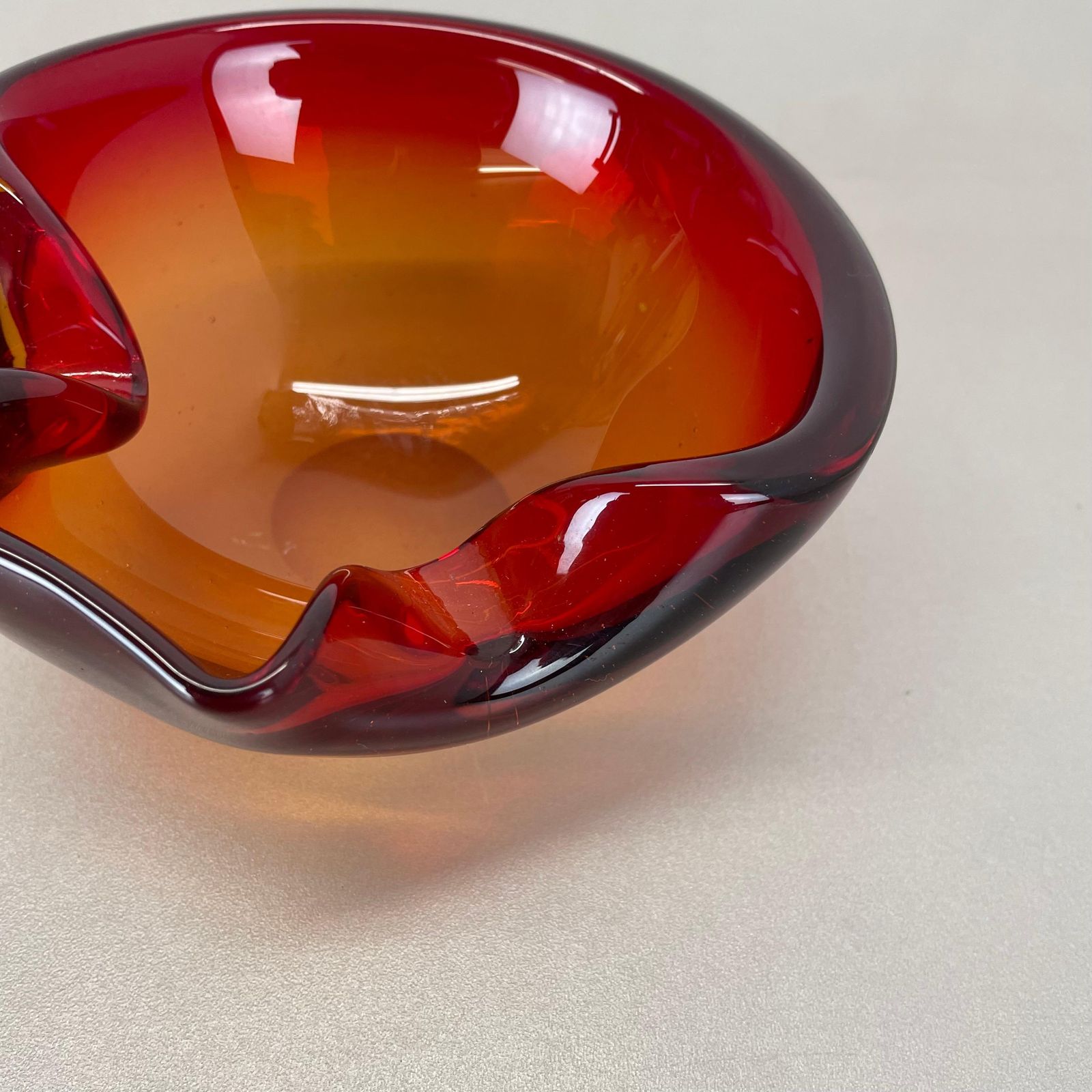 Rare Murano Glass "Red Yellow"  Bowl Element Shell Ashtray Murano, Italy, 1970s photo vinterior