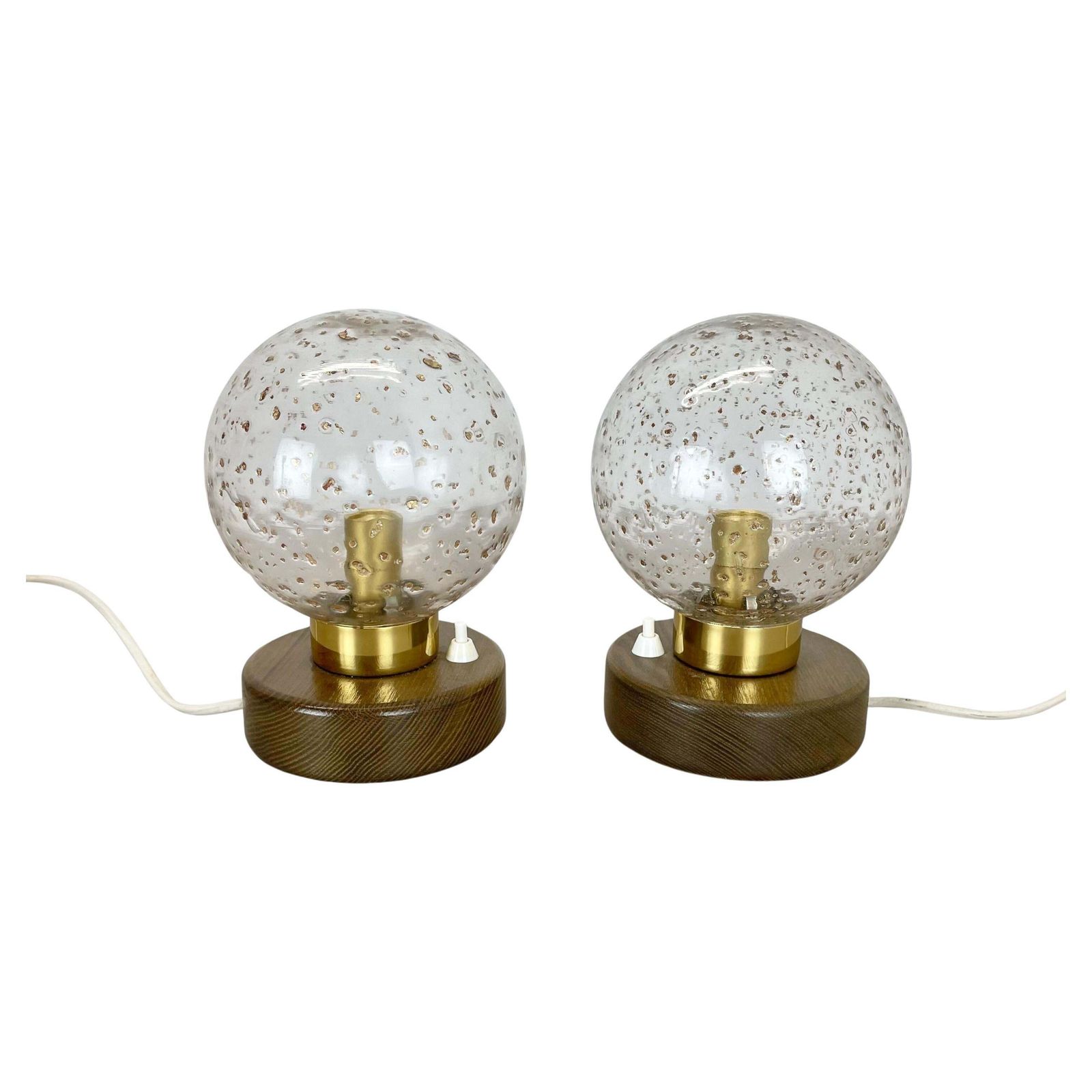 Set Of 2 Glass Ball And Oak Wooden Table Lights By Temde Lights, Germany 1970s