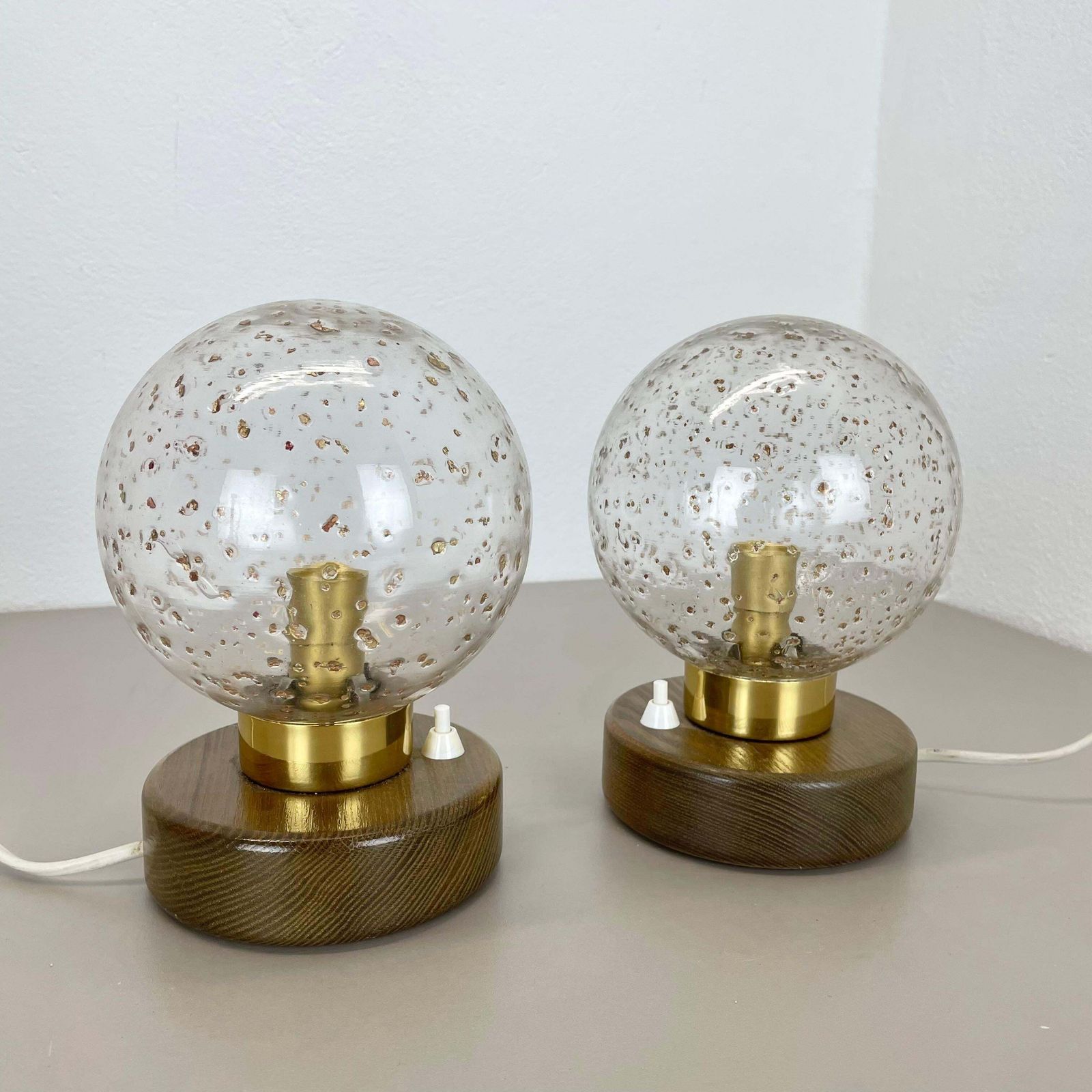 Set Of 2 Glass Ball And Oak Wooden Table Lights By Temde Lights, Germany 1970s photo furniture