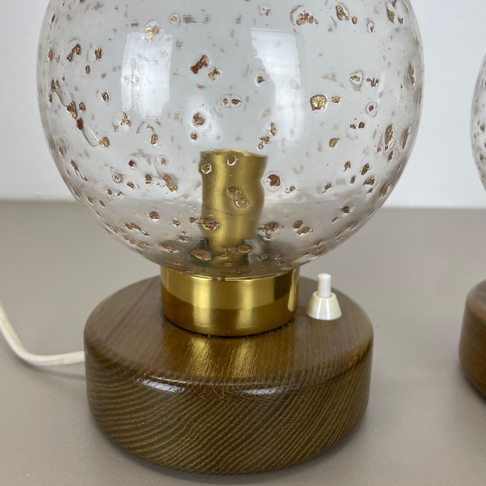 Set Of 2 Glass Ball And Oak Wooden Table Lights By Temde Lights, Germany 1970s photo vintage