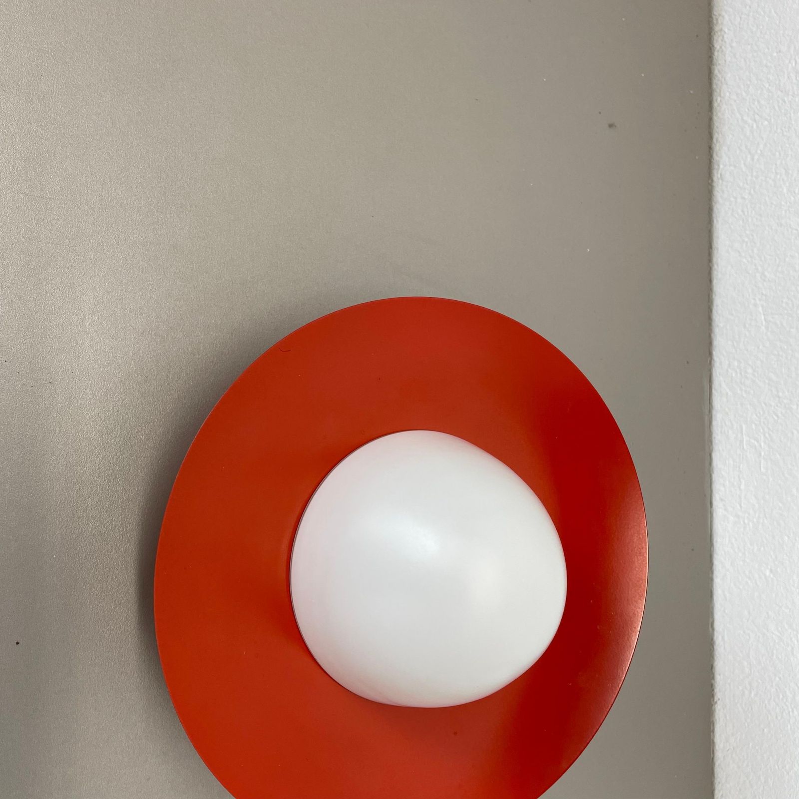 Red Round 20cm Stilnovo Style Metal Opaline Glass Wall Light, Italy, 1960s photo for sale