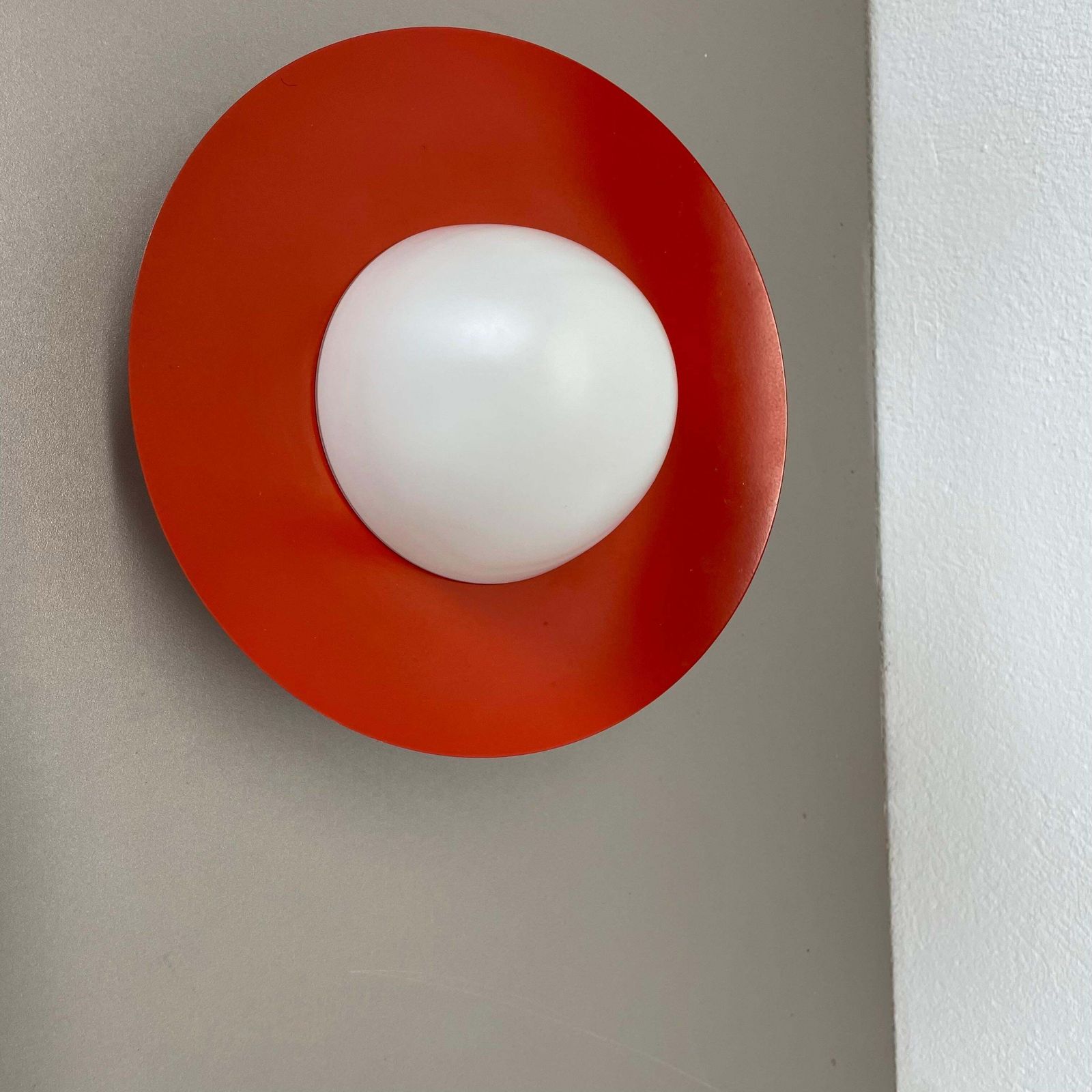 Red Round 20cm Stilnovo Style Metal Opaline Glass Wall Light, Italy, 1960s photo Lighting