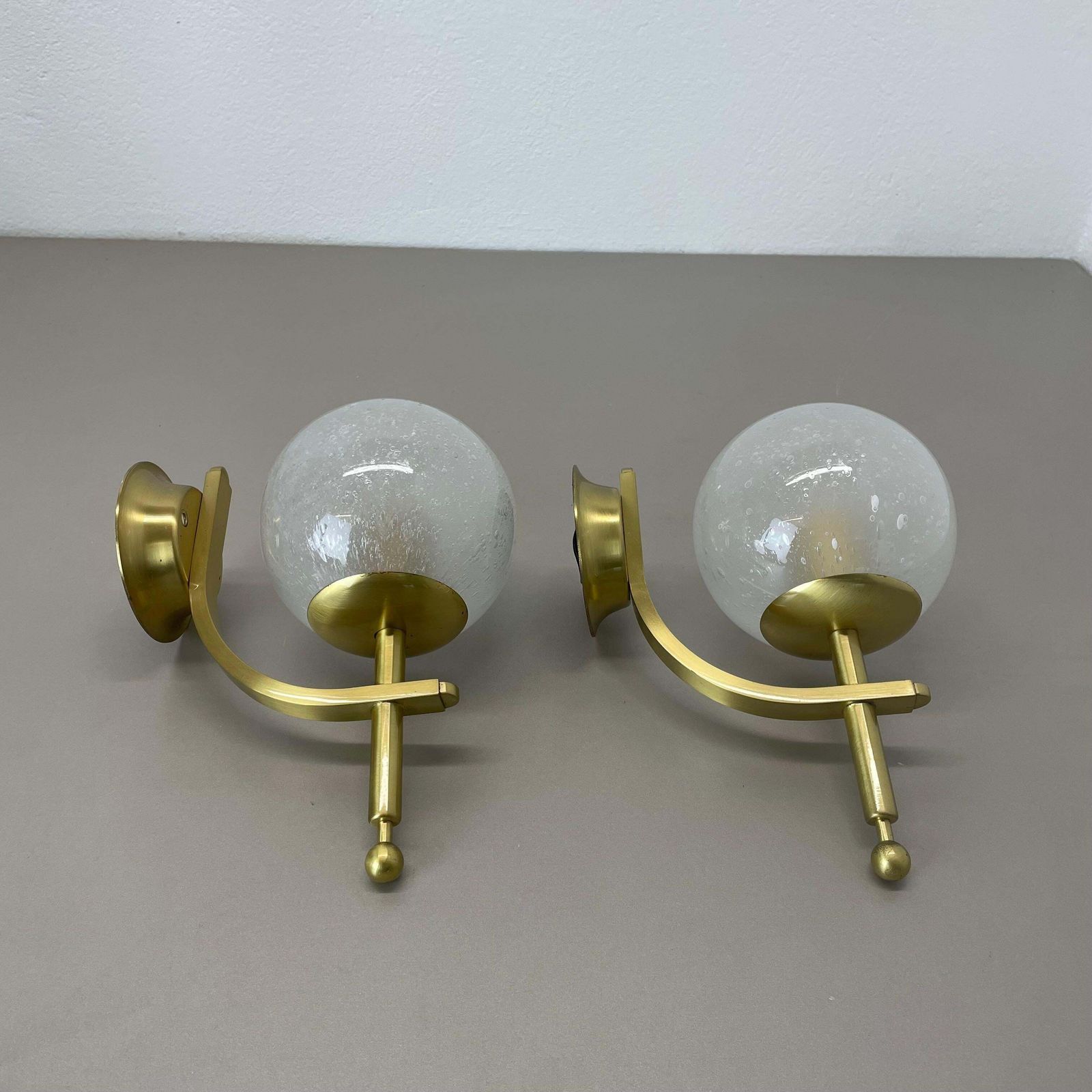 photo furniture Set Of Two Minimalist Brass And Glass "Ball" Wall Light Sconces, Italy 1970s