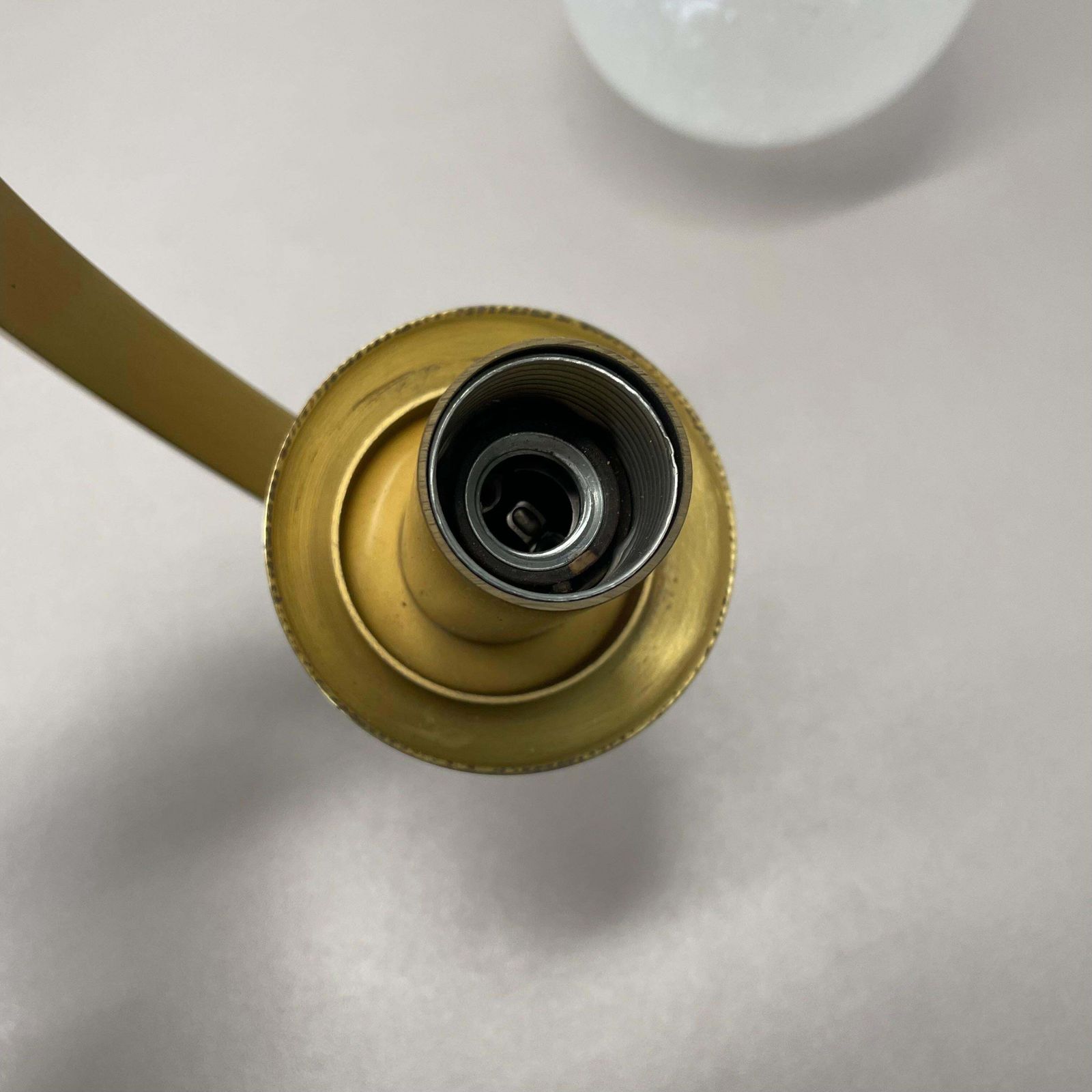 photo buy Set Of Two Minimalist Brass And Glass "Ball" Wall Light Sconces, Italy 1970s