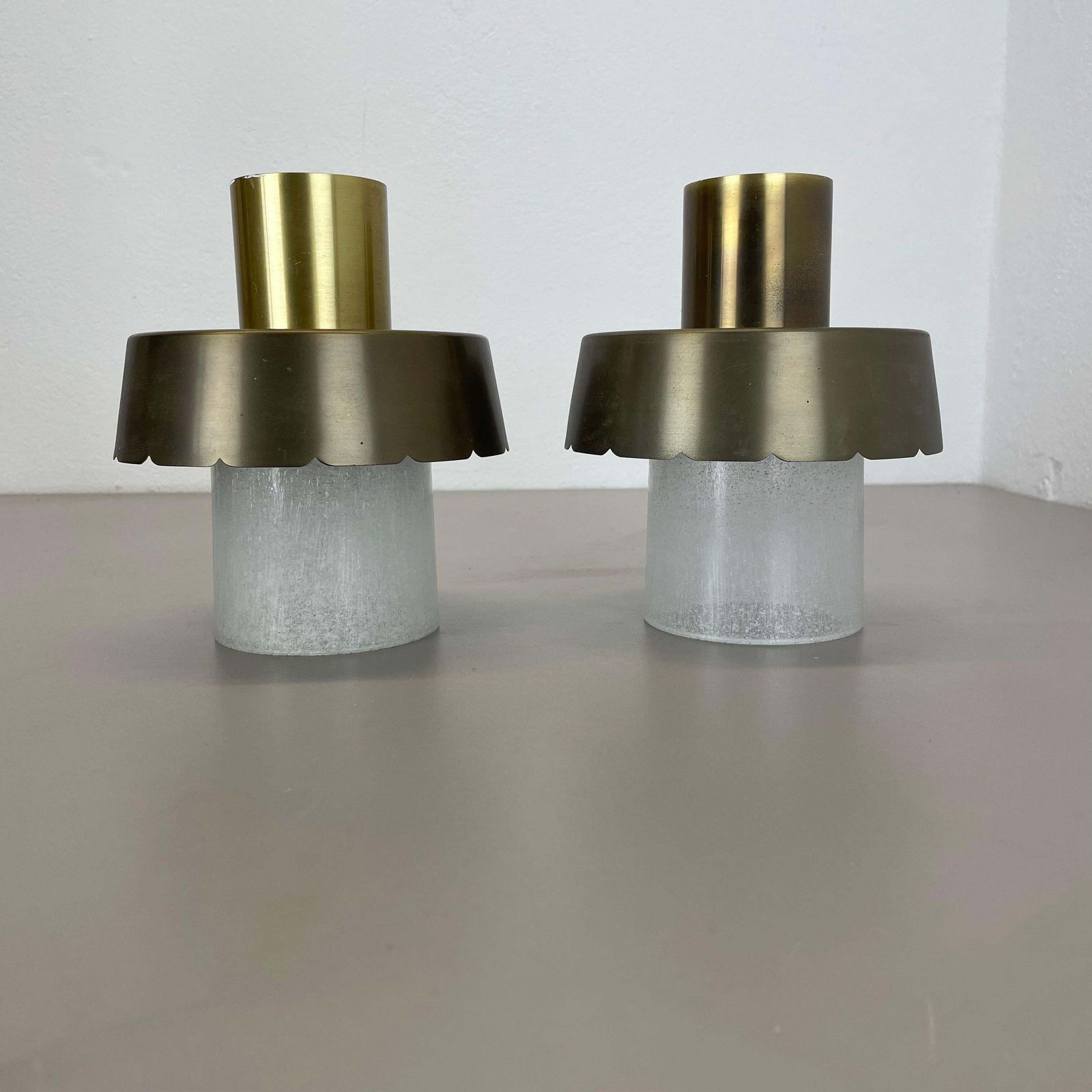 Set Of Two Minimalist Brass And Glass "Tube" Ceiling Light, Italy 1970s photo for sale