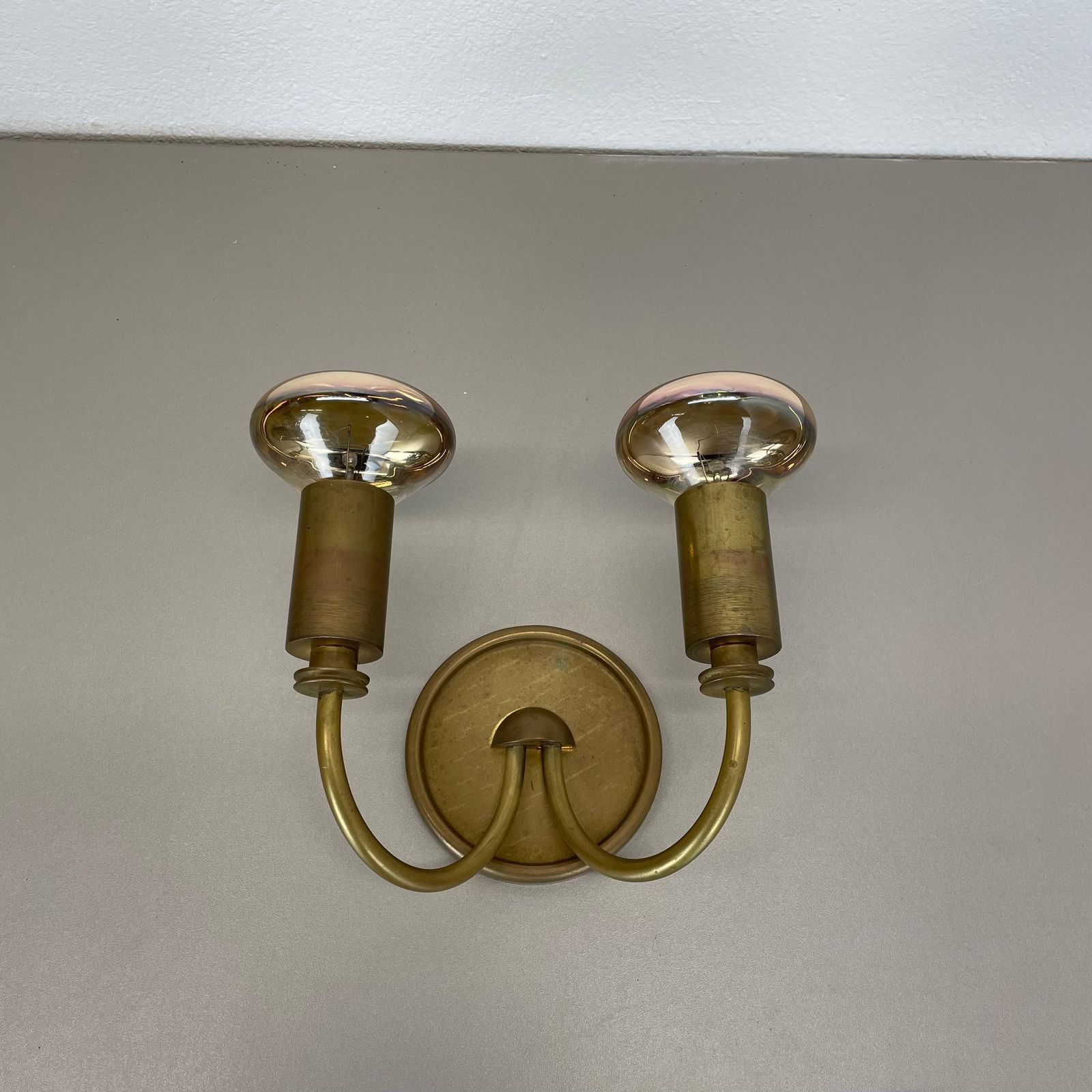 Small 2 Lights Modernist Brass Floral Theatre Wall Light Sconce, France, 1950s photo Lighting