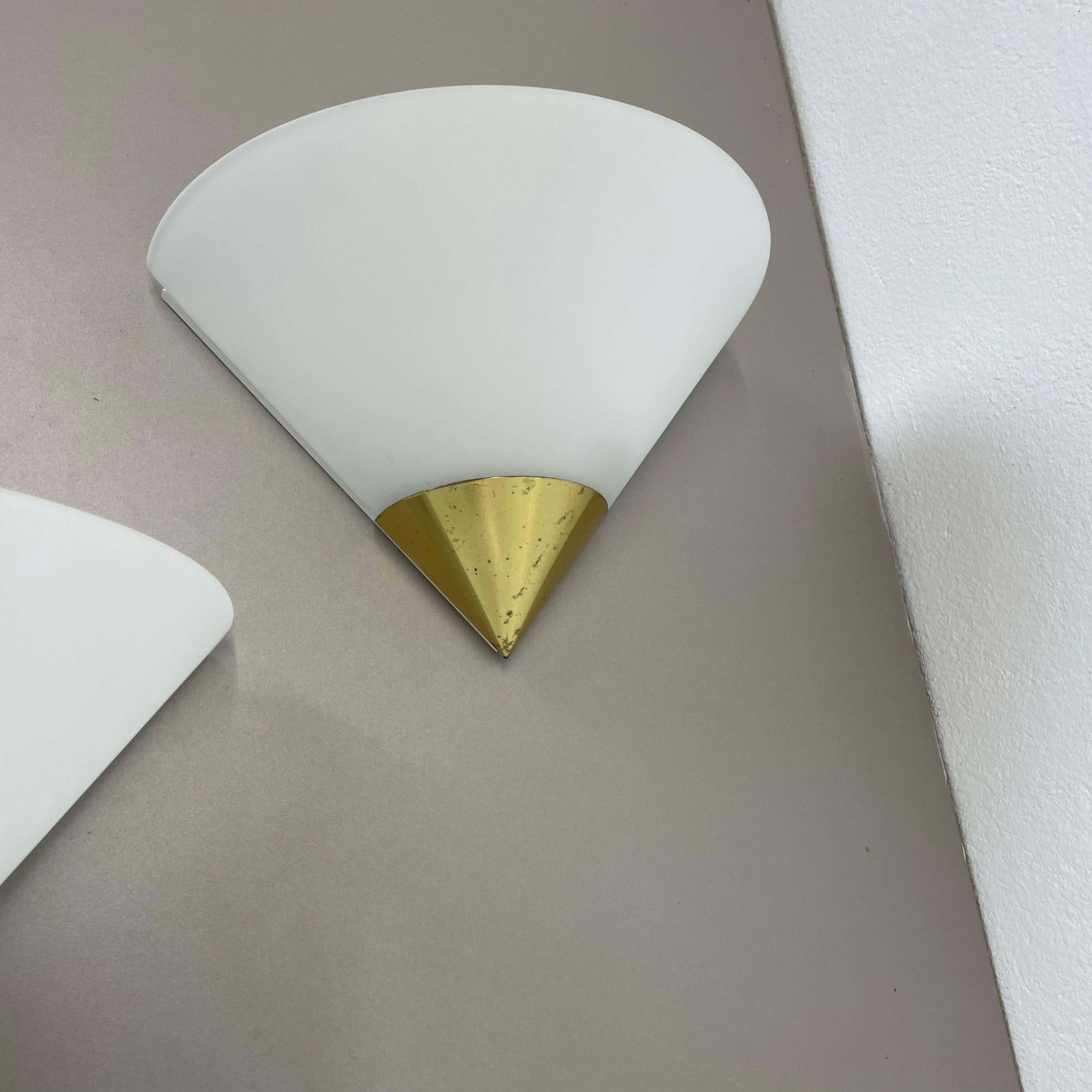 Set Of 2 Brass And Satin Glass Wall Lights By Glashütte Limburg, Germany, 1980s photo 823.0