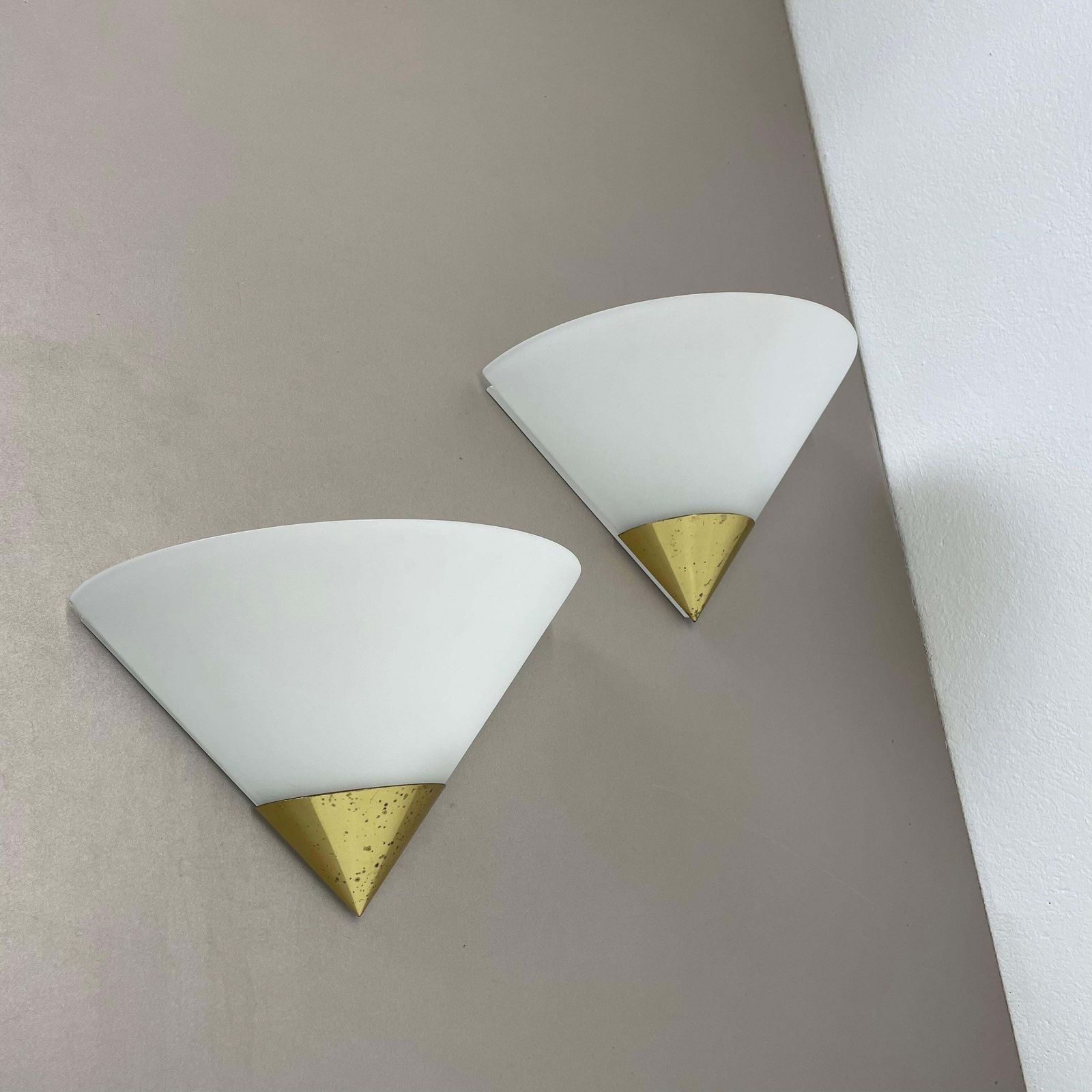 Set Of 2 Brass And Satin Glass Wall Lights By Glashütte Limburg, Germany, 1980s photo vinterior
