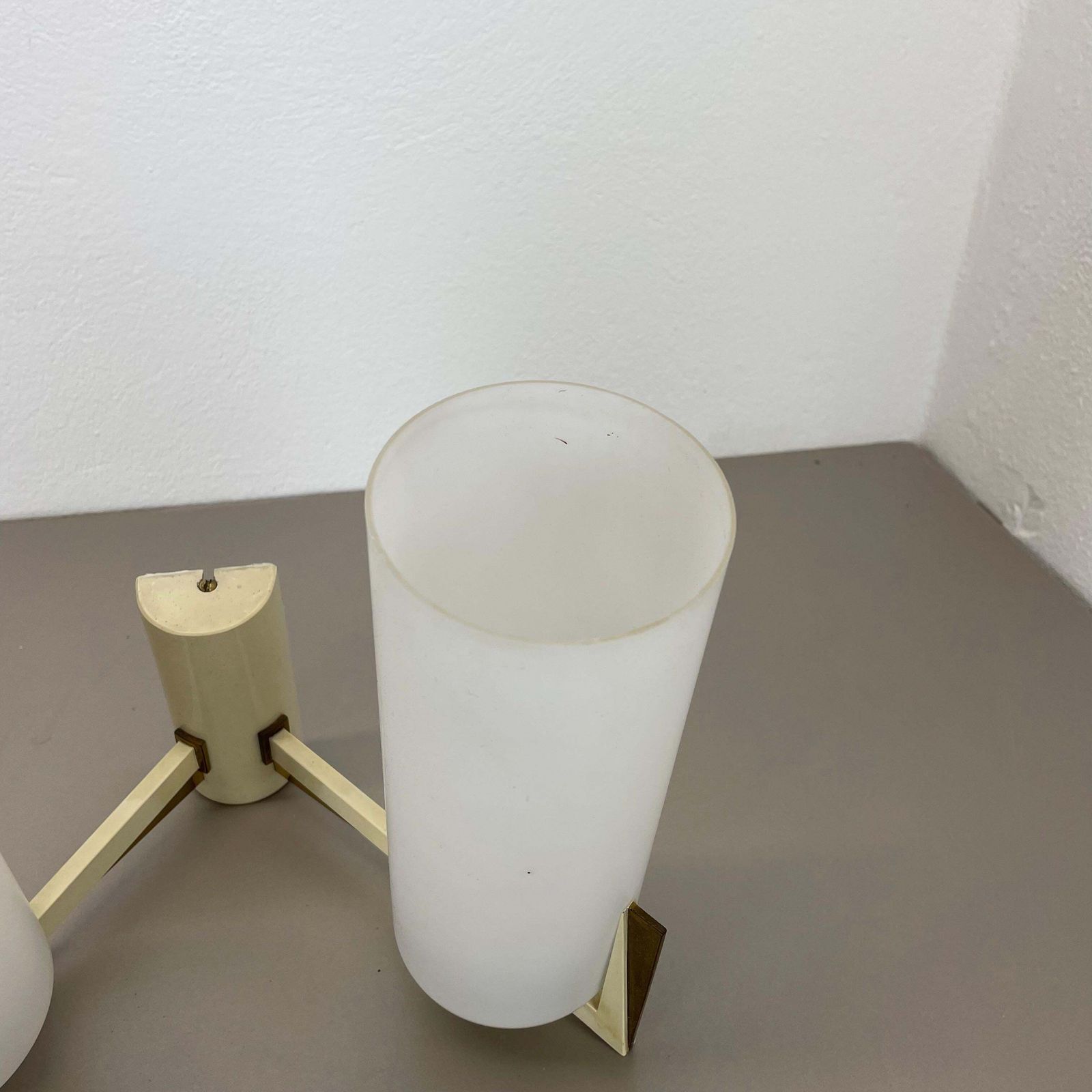 photo furniture Large 28cm Modernist Brass And Glass Theatre Wall Light Sconce, France, 1950s