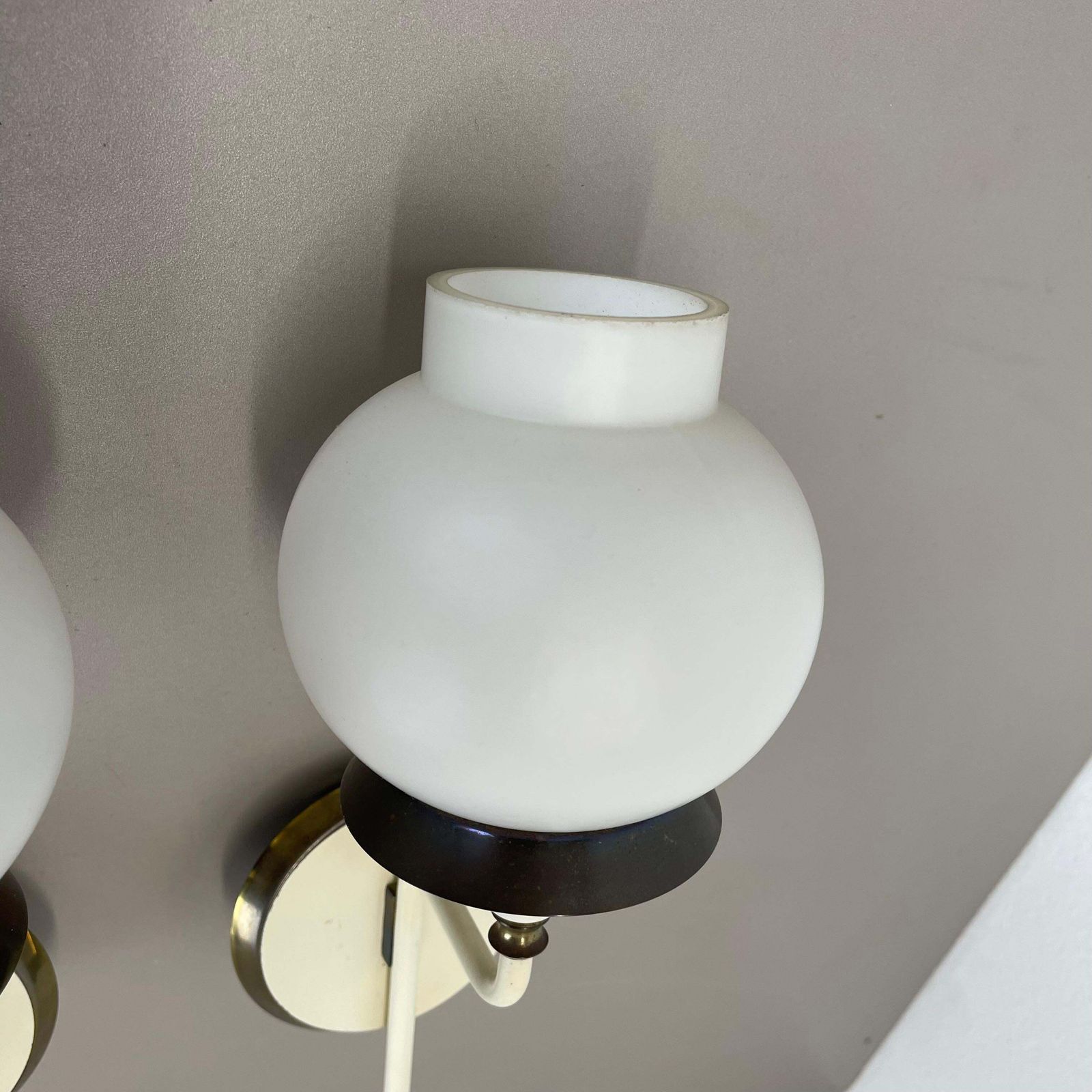 Set Of Two Brutalist Brass And White Glass Wall Light Sconces, France 1960s photo 650.0