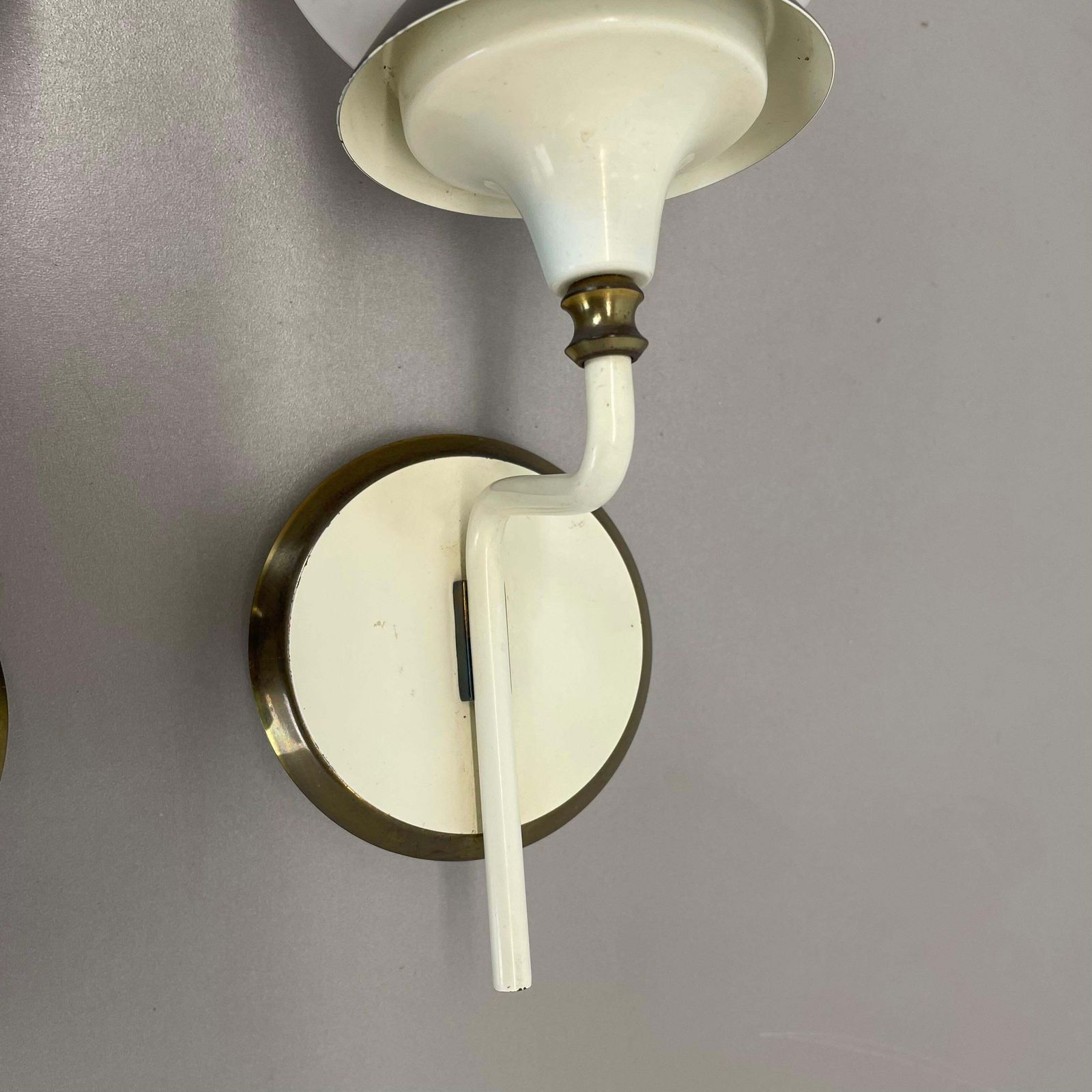 Set Of Two Brutalist Brass And White Glass Wall Light Sconces, France 1960s photo buy