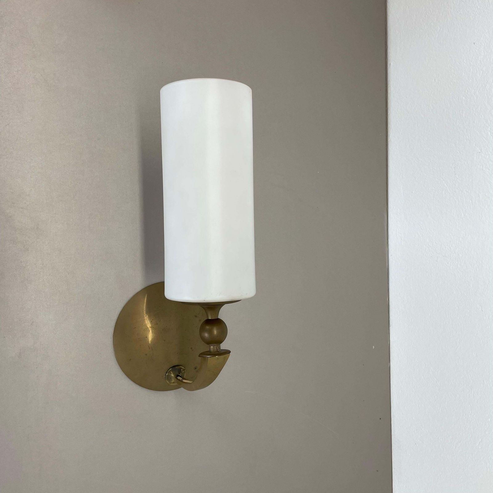 Large 36cm Modernist Brass And Glass Theatre Wall Light Sconces, France, 1950s photo for sale