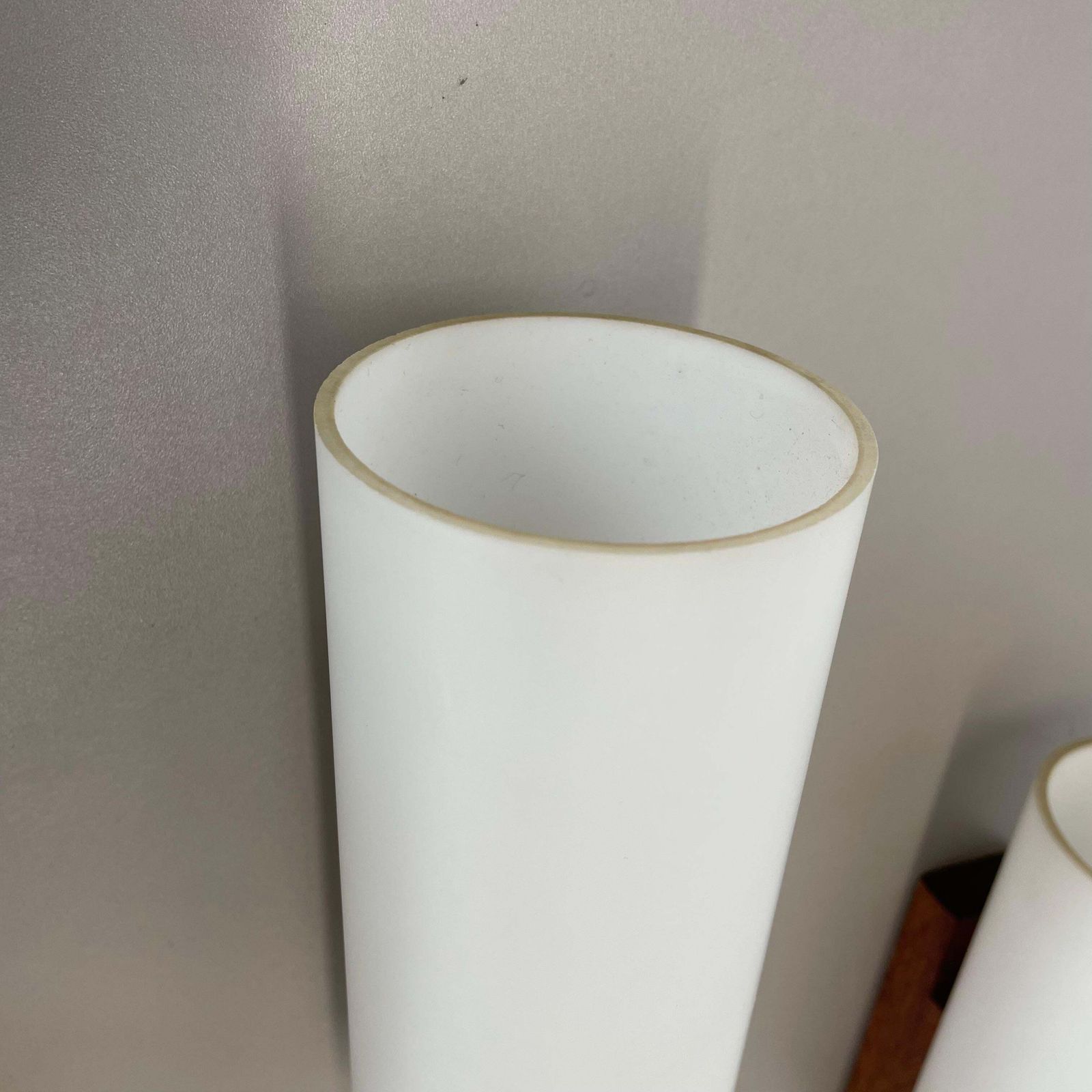 photo furniture Set Of 3 Minimalist Satin White Glass And Teak Wall Light, Denmark, 1960s