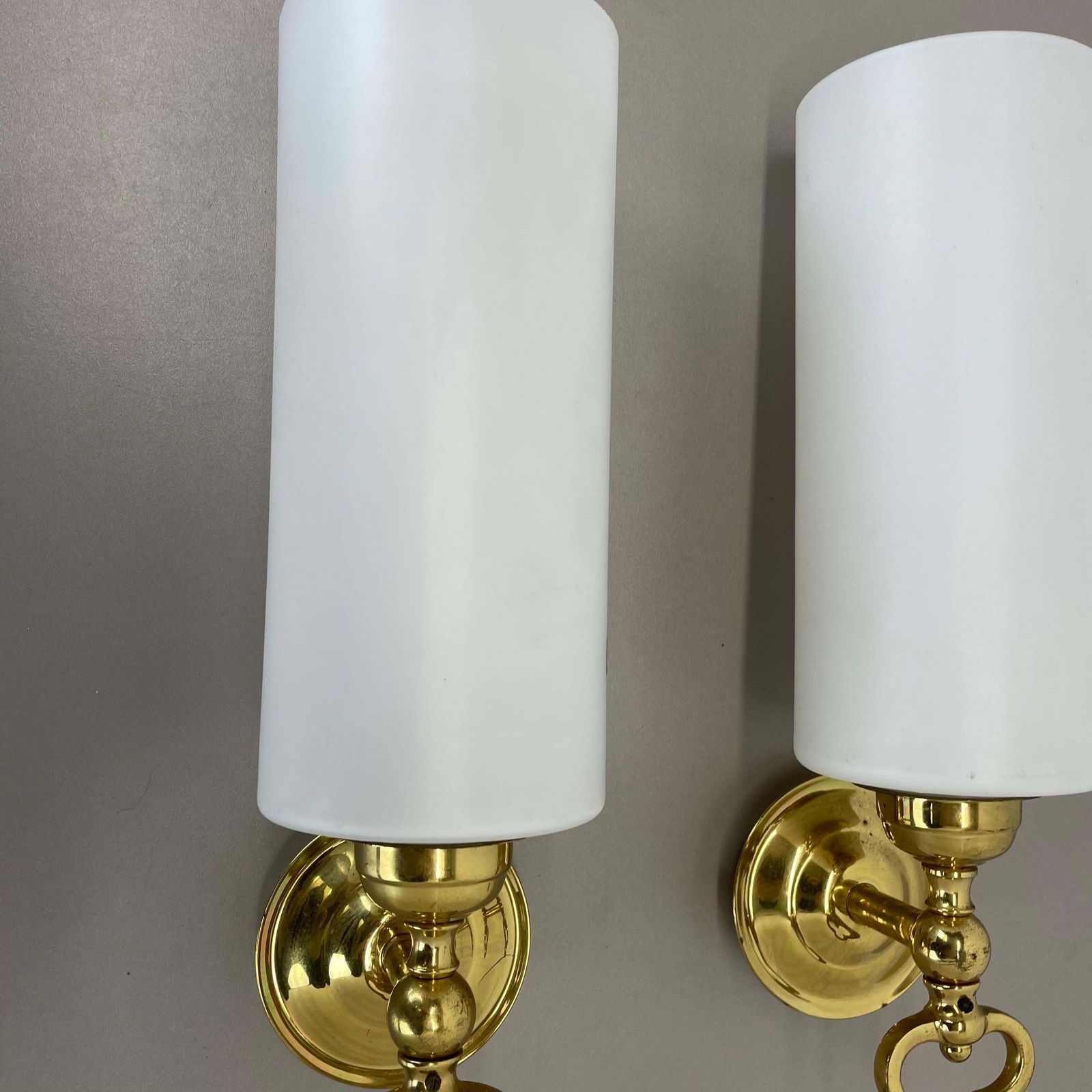 Set Of Two Brass And Satin Glass Theatre Wall Lights Sconces, Italy, 1970s photo Lighting