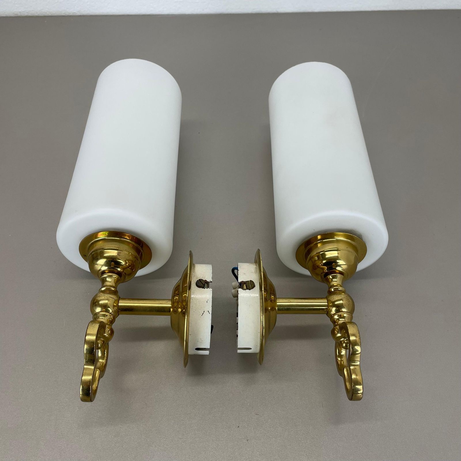 797.0 Set Of Two Brass And Satin Glass Theatre Wall Lights Sconces, Italy, 1970s photo